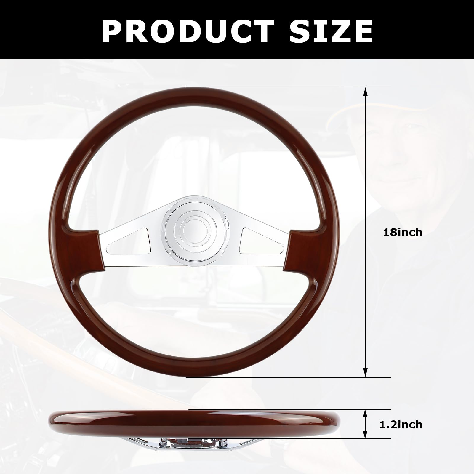 QYMOPAY 18'''' Solid Wood Truck Steering Wheel 2 Spoke Aluminum Chrome Plated for Semi-Trailers,Trucks for Kenworth,Peterbilt,Vo