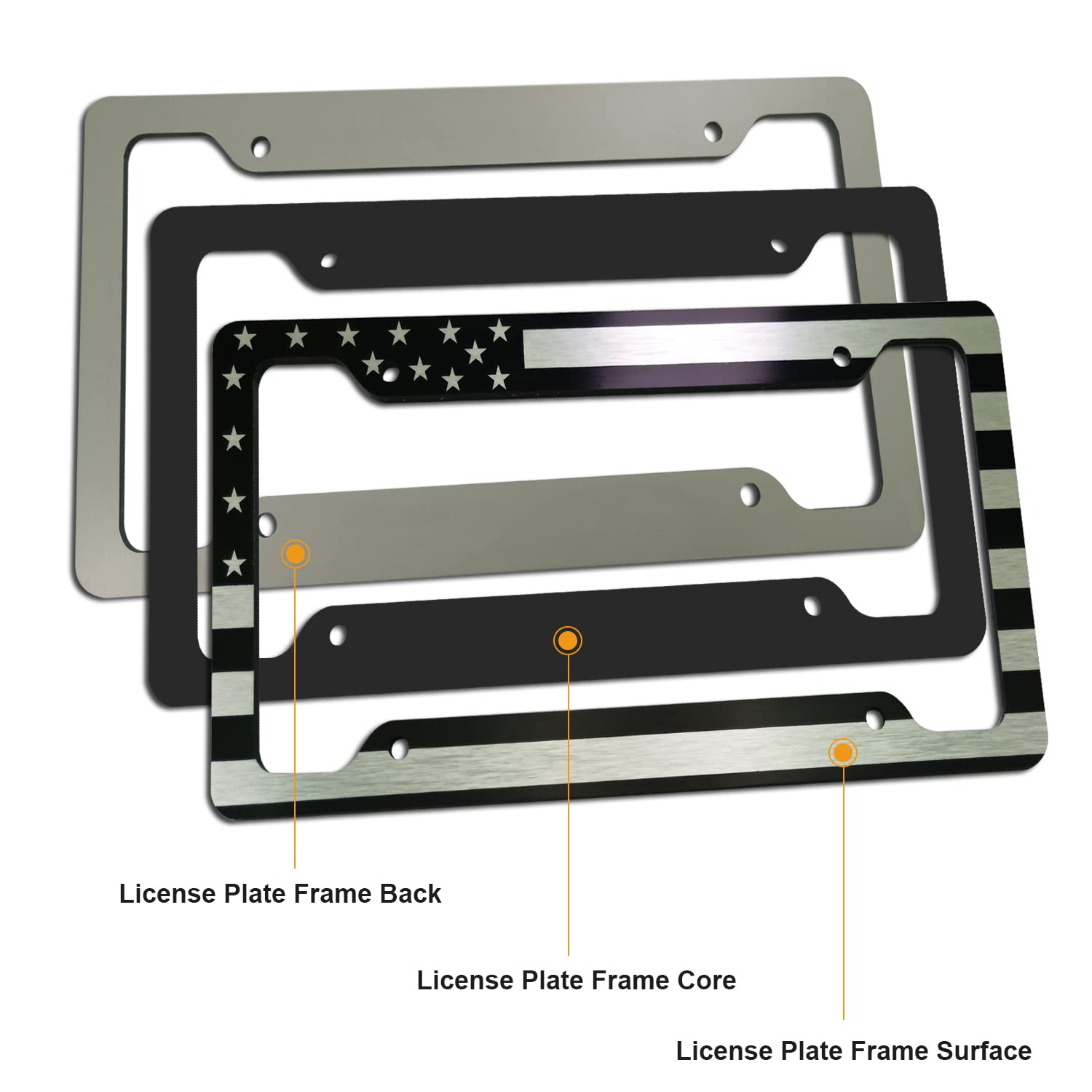 Fbjtdq American Flag License Plate Frames - 2 Pack Usa Patriotic Black Car Tag Holder, 4 Hole Brushed Aluminum Cover With Screw