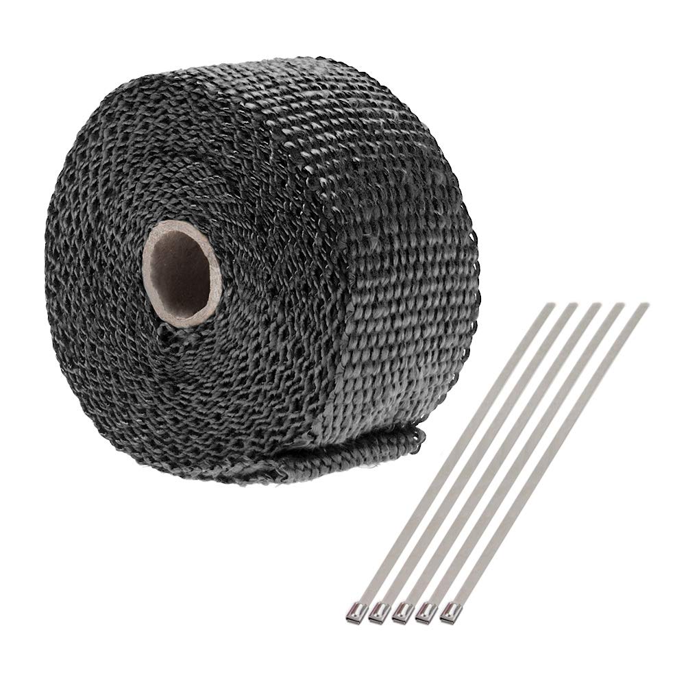 Big-Autoparts 2'' X 16 Feet Exhaust Manifold Fiberglass Heat Wrap Thermal Wrap Tape And Stainless Ties Kit,Black