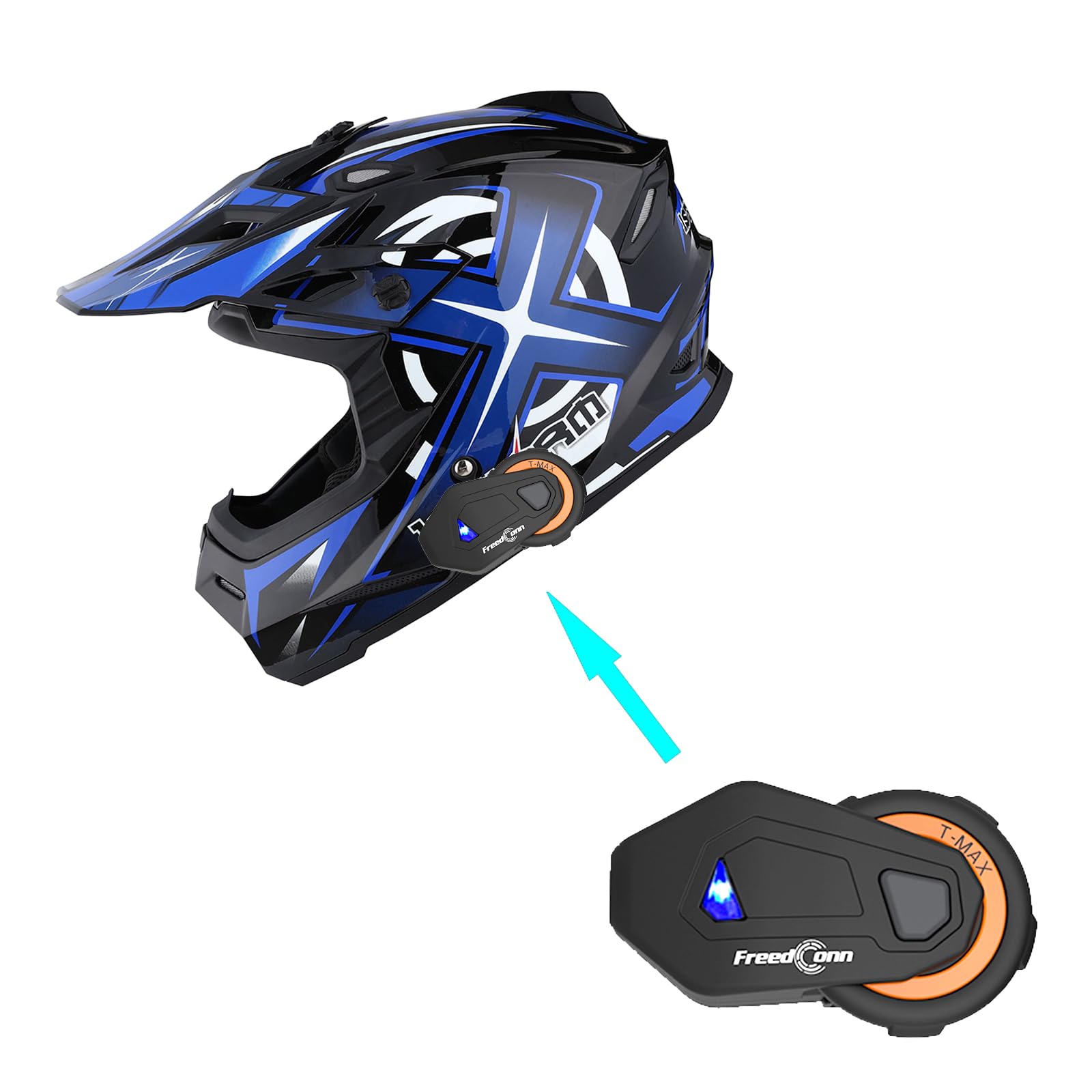 1Storm Adult Motocross Helmet Bmx Mx Atv Dirt Bike Helmet Racing Style Hf801 + Motorcycle Bluetooth Headset: Sonic Blue