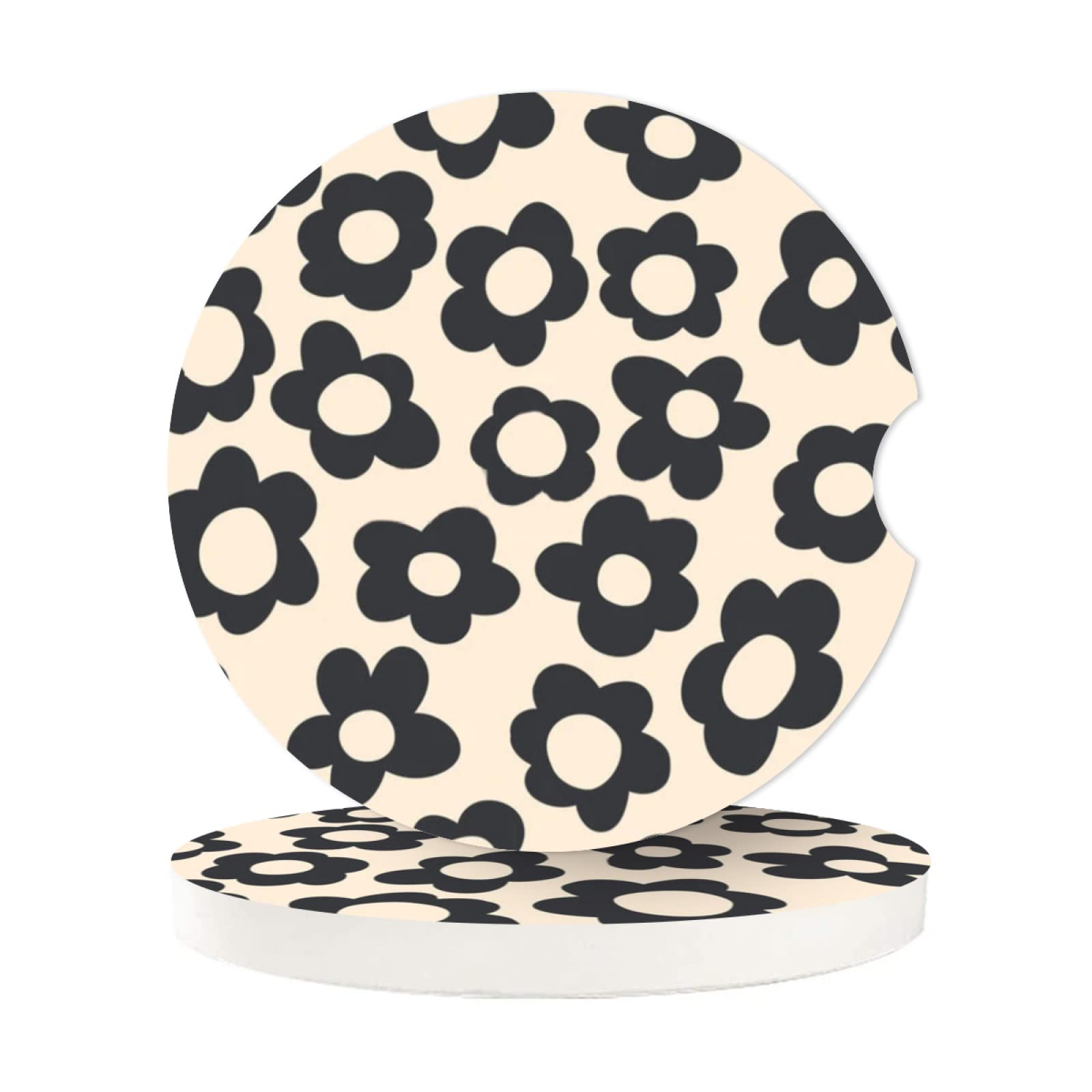 Abstract Black Flower Absorbent Car Cup Coasters,Cup Holders,Cork Base Drink Coasters With Finger Notch For Easy Move Of Car Cup