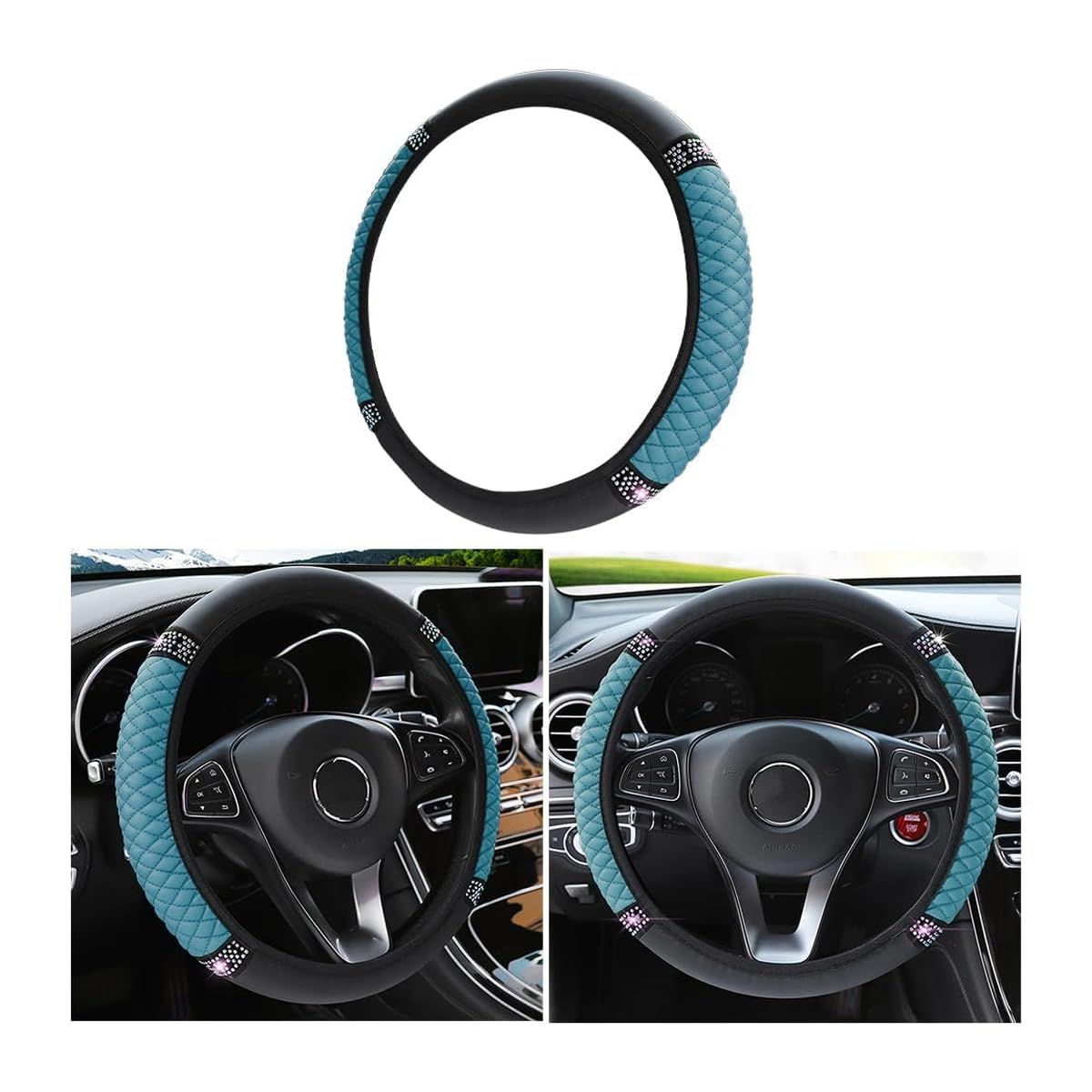Fekey&Jf Bling Soft Leather Steering Wheel Cover, 15 Inch Colorful Rhinestones Auto Elastic Steering Wheel Protector, Sparkly Cr