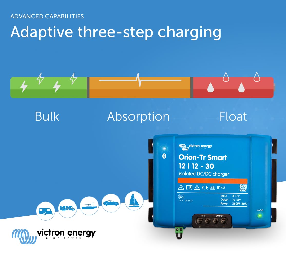 Victron Energy Orion-Tr Smart Dc To Dc Charger (Bluetooth) - 12/12-Volt 30 Amp 360-Watt - Battery Charger For Dual Battery Systems - Isolated