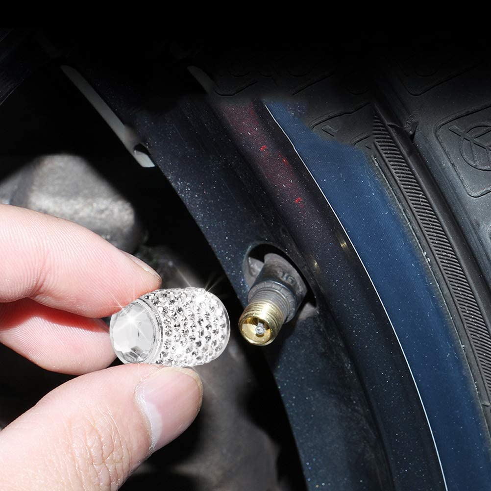 Tobequeen Bling Tire Valve Caps, 4 Pack Handmade Crystal Rhinestone Tire Caps Universal Bling Car Accessories For Women Dustproof Bling Valve Stem Caps Cover For Car/Suv/Motorcycle/Bike(Silver)