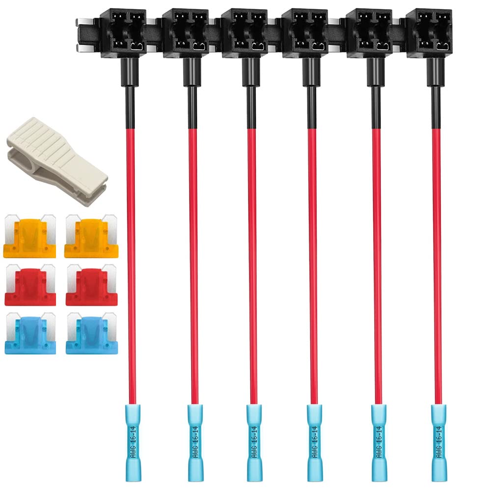Gebildet 6Pcs 12V 24V Low Profile Mini Add-A-Circuit Fuse Tap With Heat Shrink Terminals, Mini Piggy Back Blade Fuse Holder With