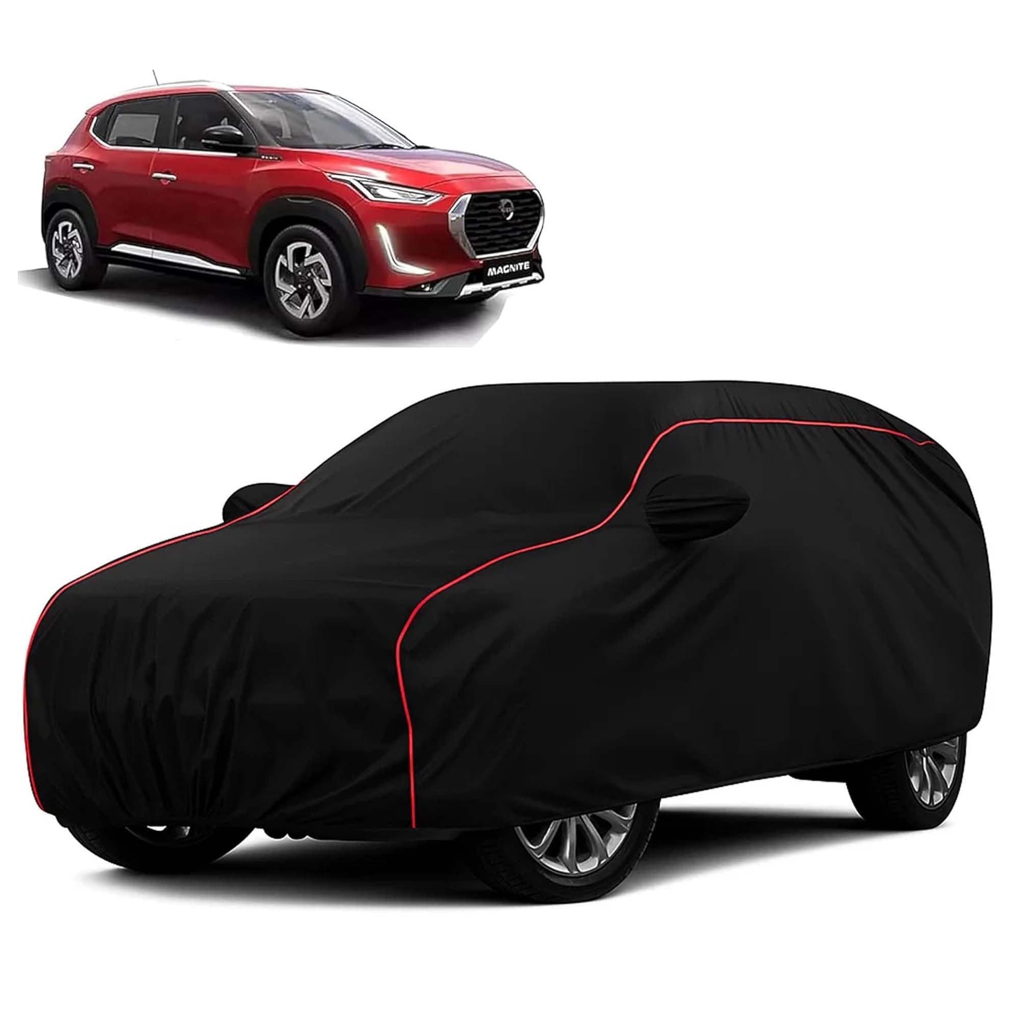Sulfar 100% Water Resistant Car Body Cover Compatible with Mirror for Nissan Magnite (Triple Stitched, Full Bottom Elastic, Blac
