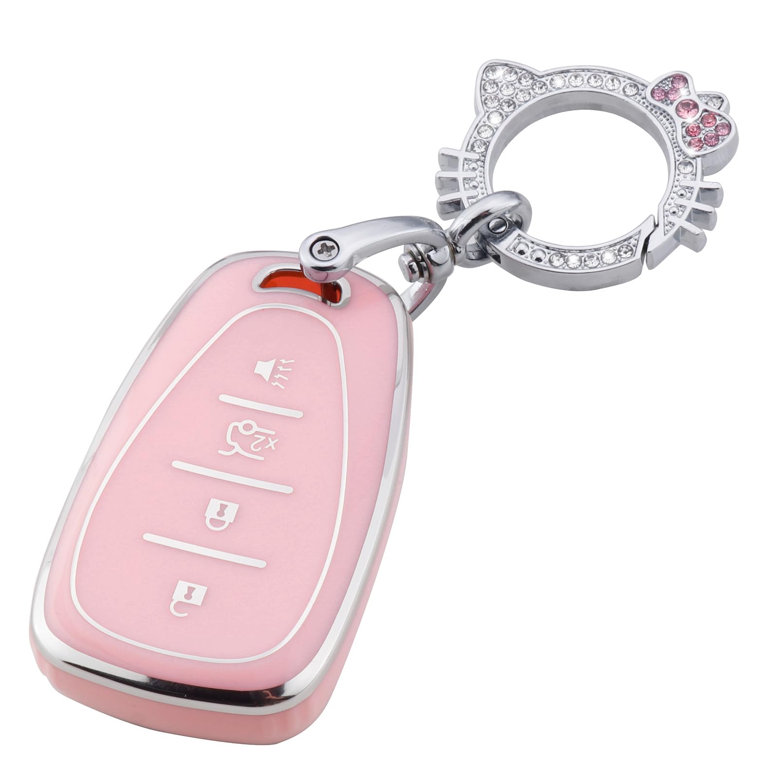 Pangpai Pink Key Fob Cover for Chevy, Soft TPU Key Case Protection with Bling Keychain Fit for Chevy Chevrolet Malibu Equinox Tr
