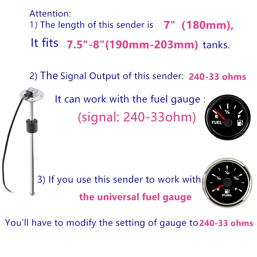 Fuel Gauge Sending Unit 240-33 ohms 7''(180mm) Marine for Boat RV Truck Vehicle Gas Tank Sender Water Level Sensor