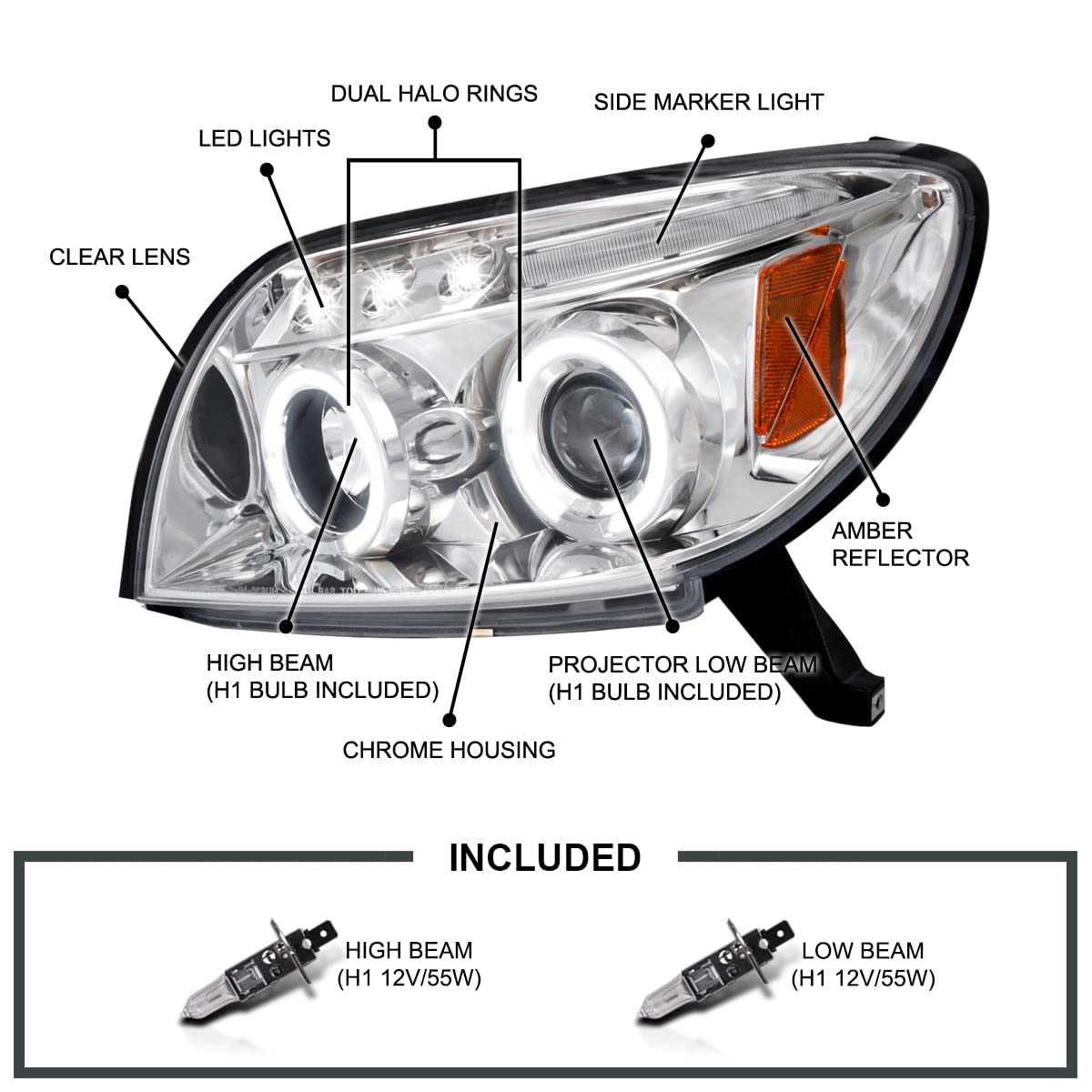 Spec-D Tuning Halo Led Chrome Housing Clear Lens Projector Headlights Compatible With 2003-2005 Toyota 4Runner Left + Right Pair Headlamps Assembly