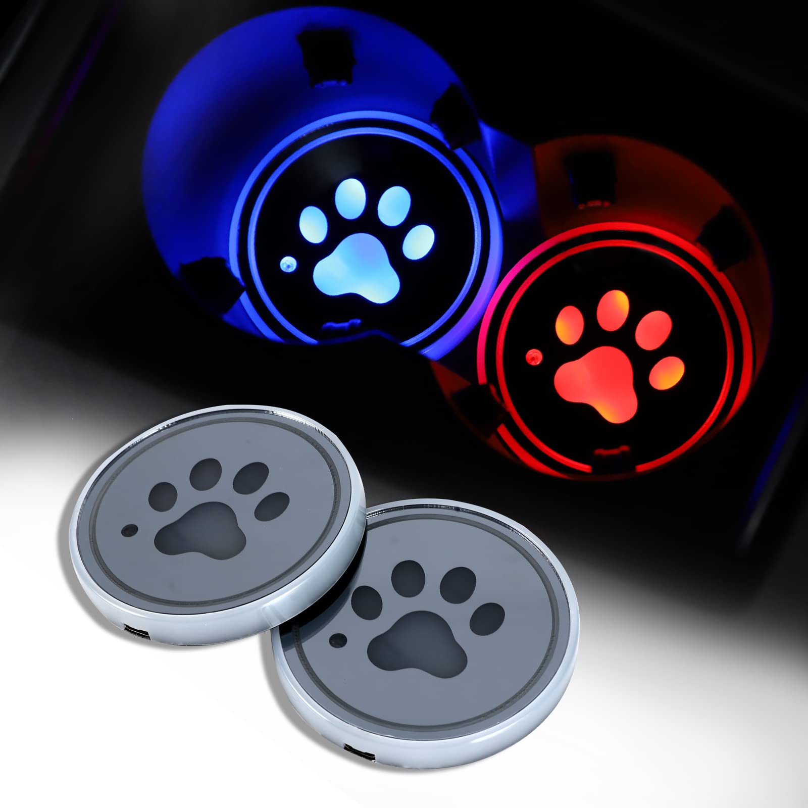 ACODABLEM 2 Pack LED Cup Holder Lights, Dog Paw Car Coaster with 7 Colors Changing USB Charging Mat, Luminescent Cup Pad Interio