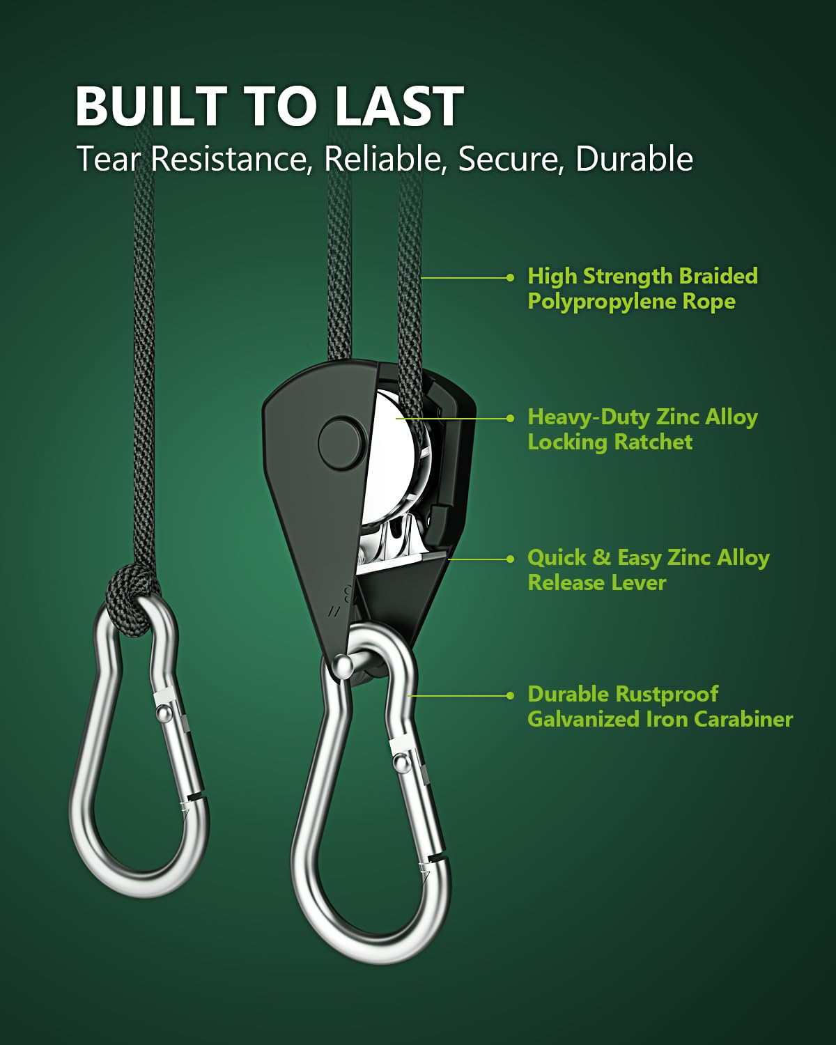 Staygrow 4-Pack 1/8' Adjustable Rope Hanger, Heavy Duty Ratchet Tie Down Strap With Reinforced Metal Gear, Ratcheting Pulley System Kayak Straps For Hanging Plants Grow Light And Various Tie-Down Uses