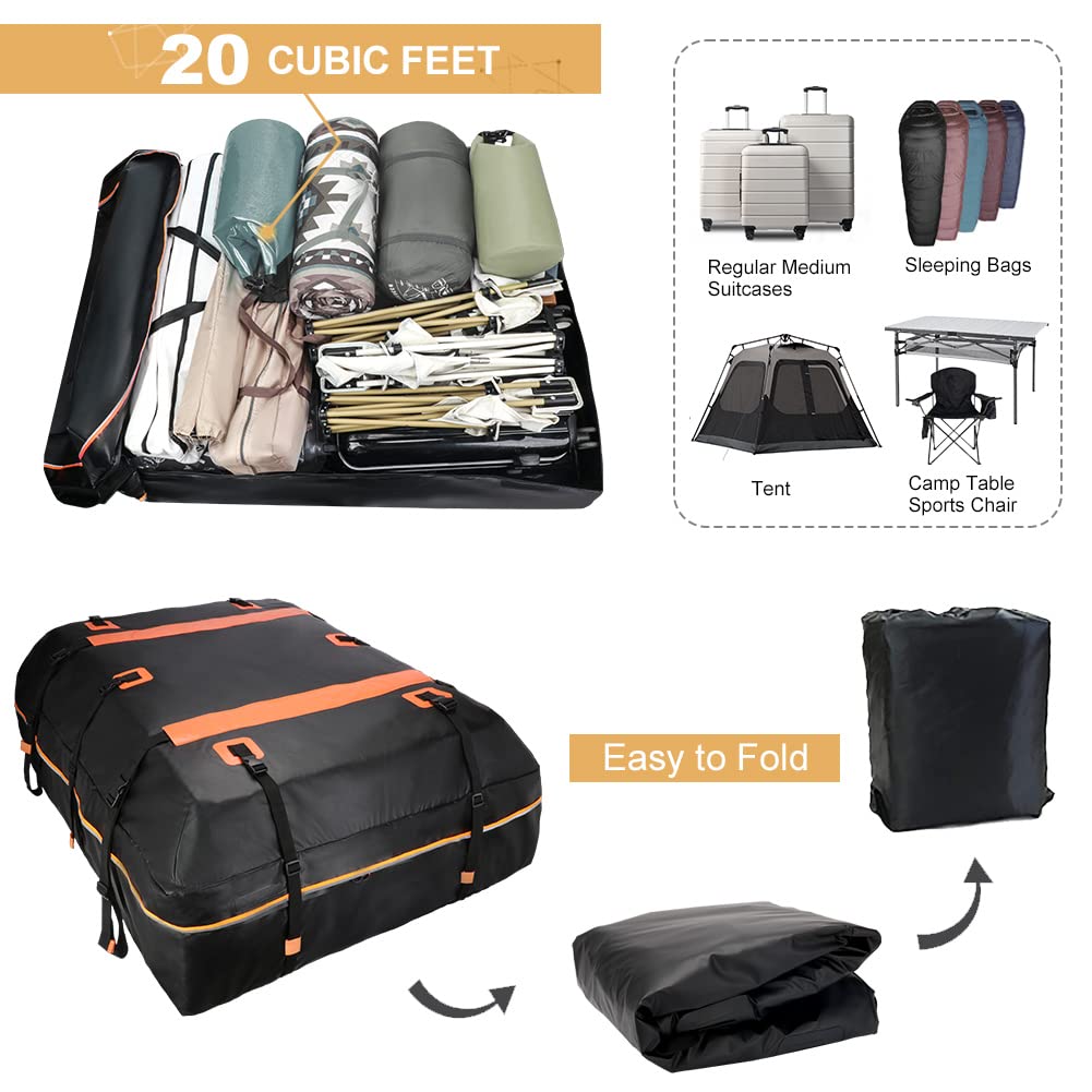 Rooftop Cargo Carrier Bag Waterproof 20 Cubic Car Roof Bag Cargo Carrier All Cars with/Without Rack Includes Anti-Slip Mat 10 Re
