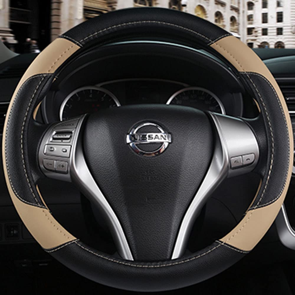 Leather Car Steering Wheel Cover, Non-Slip Car Wheel Cover Protector Breathable Microfiber Leather Universal Fit For Most Cars(Beige)
