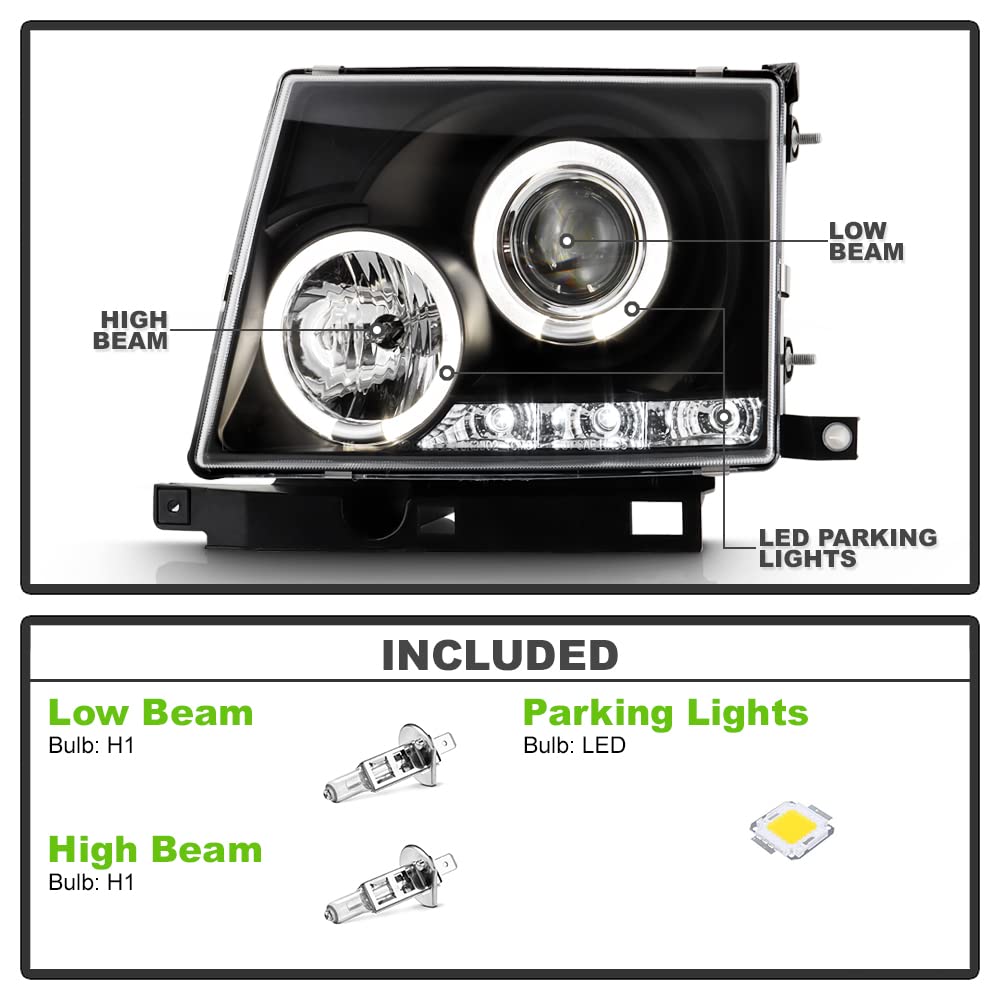 Acanii - For 1997-2000 Toyota Tacoma Pickup Truck Led Halo Ring Black Housing Projector Headlights Headlamps Left+Right