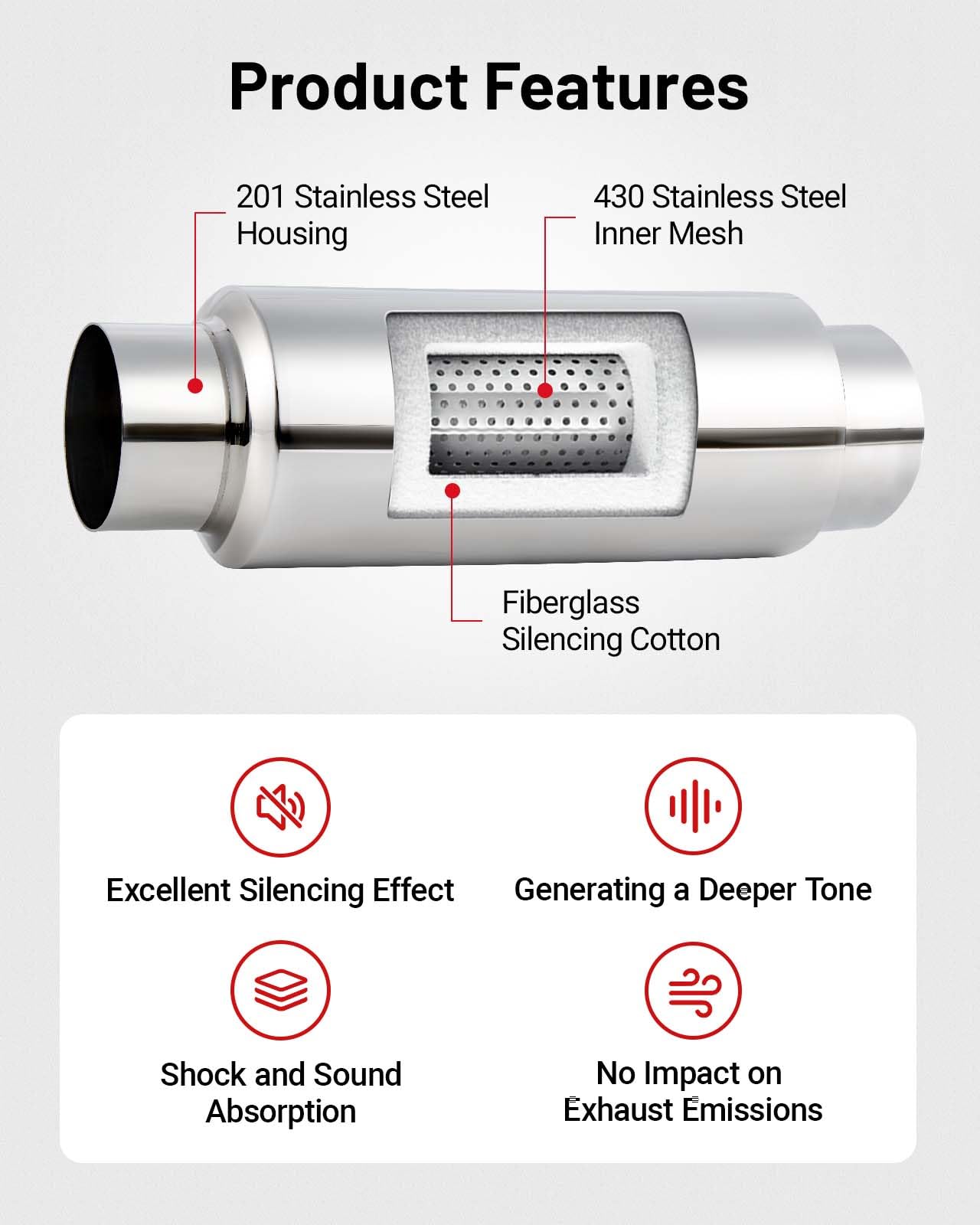 Evil Energy 3'' Resonator Muffler Stainless Steel (3.0 Inch Inlet/Outlet, 13.8'' Length)