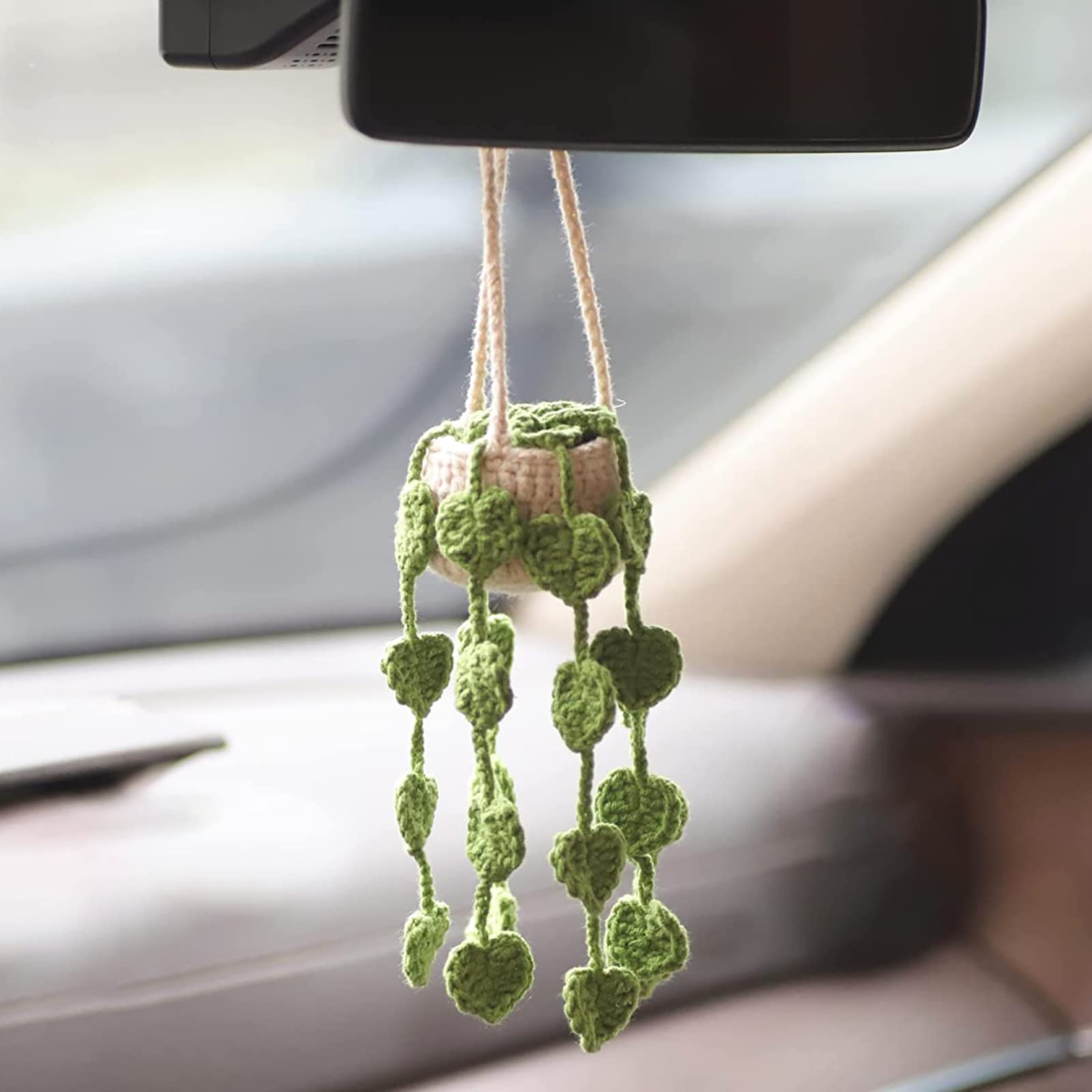 Cute Crochet Plant for Car Rear View Mirror,Boho Handmade Car Mirror Hanging Accessories for Women Girls,Green Car Interior Aest