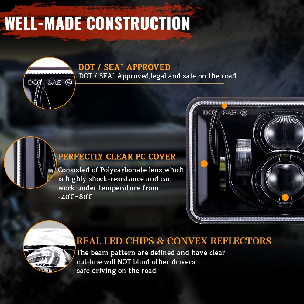 BICYACO 4 PCS DOT 60W 4x6 Inch LED Headlights Rectangular Replacement H4651 H4652 H4656 H4666 H6545 Compatible with Peterbilt Ke