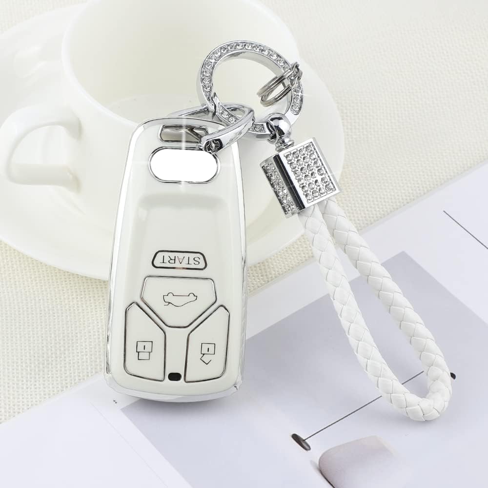 Pifoog Key Fob Cover Accessories For Audi Bling Keychain 3 4 Buttons Tpu Keys Case Protector Shell Soft White Silver For Audi Q5