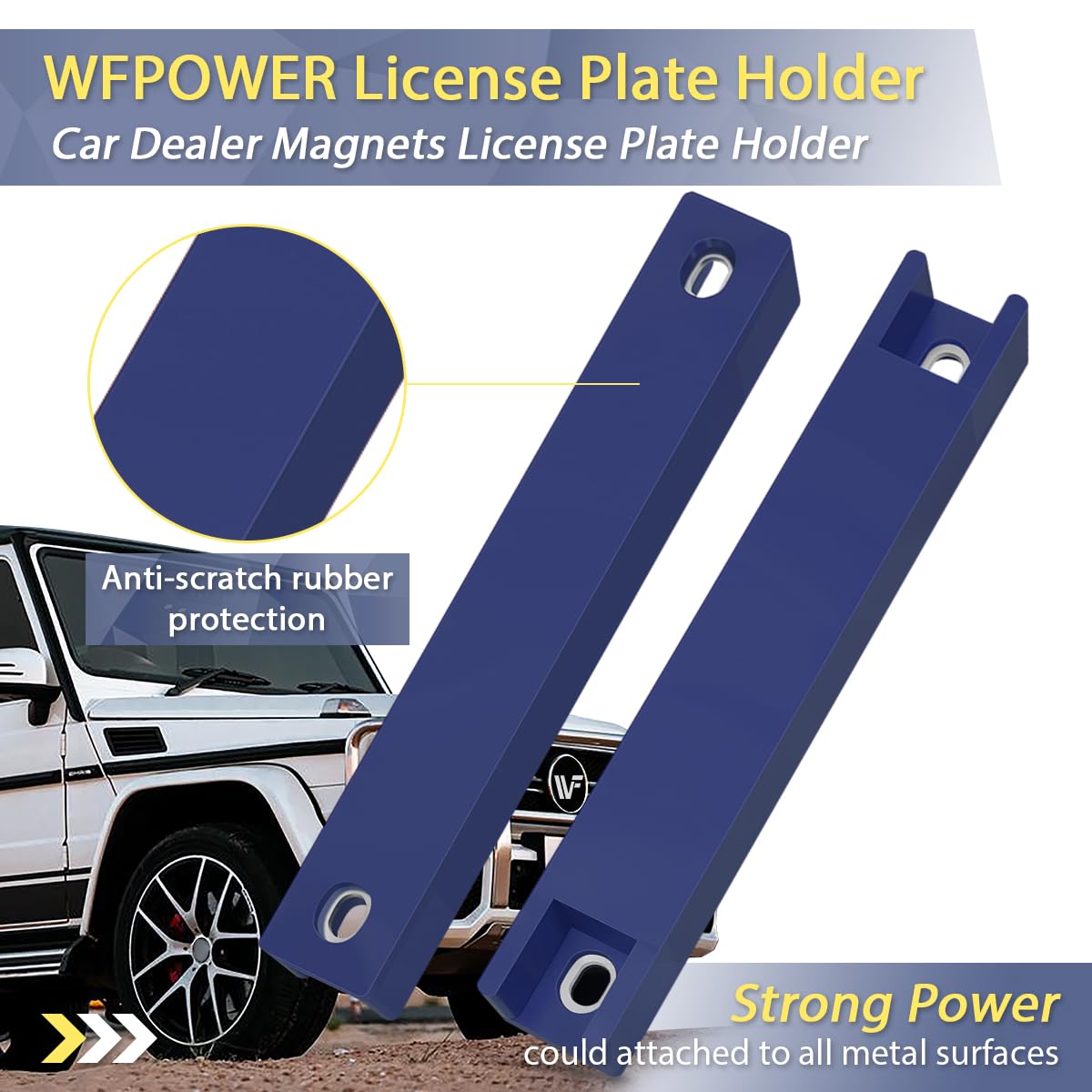 Wfpower Magnetic License Plate Holder, 2 Pack Rubber Coated Protection Dealer Test Driving Plate Holder Blue Demo Tag Magnet Bar