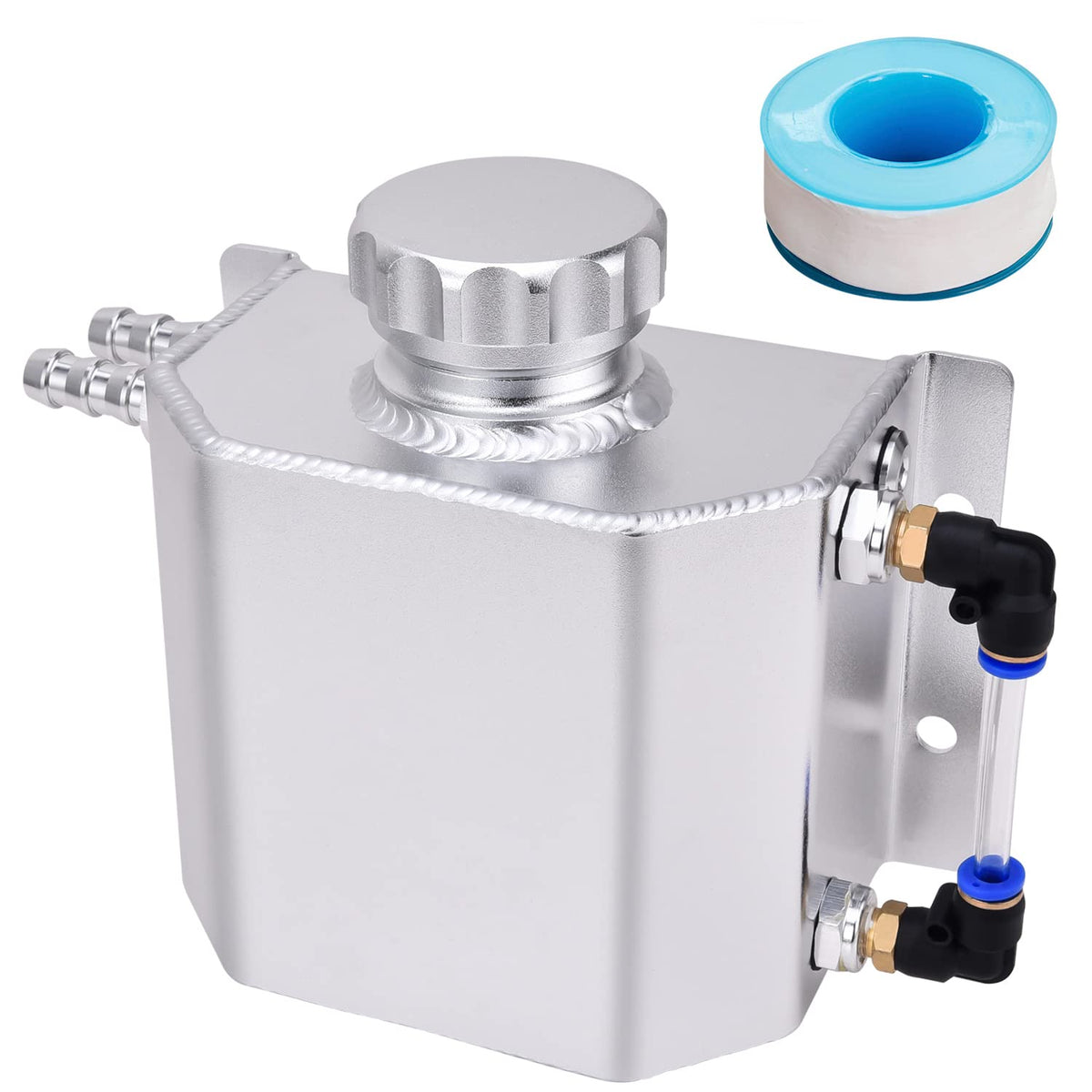 Speedwow Coolant Overflow Tank, Aluminum Radiator Overflow Tank With Teflon Tape & O-Ring Gasket, 1 L Universal Reservoir Expansion Tank (Silver)