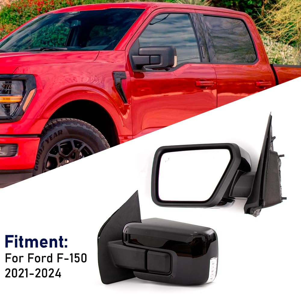 For Ford F150 2021-2024 Door Mirror Assembly with Painted Black Cover Manual Folding with Turn Signal Light Puddle Light Power H