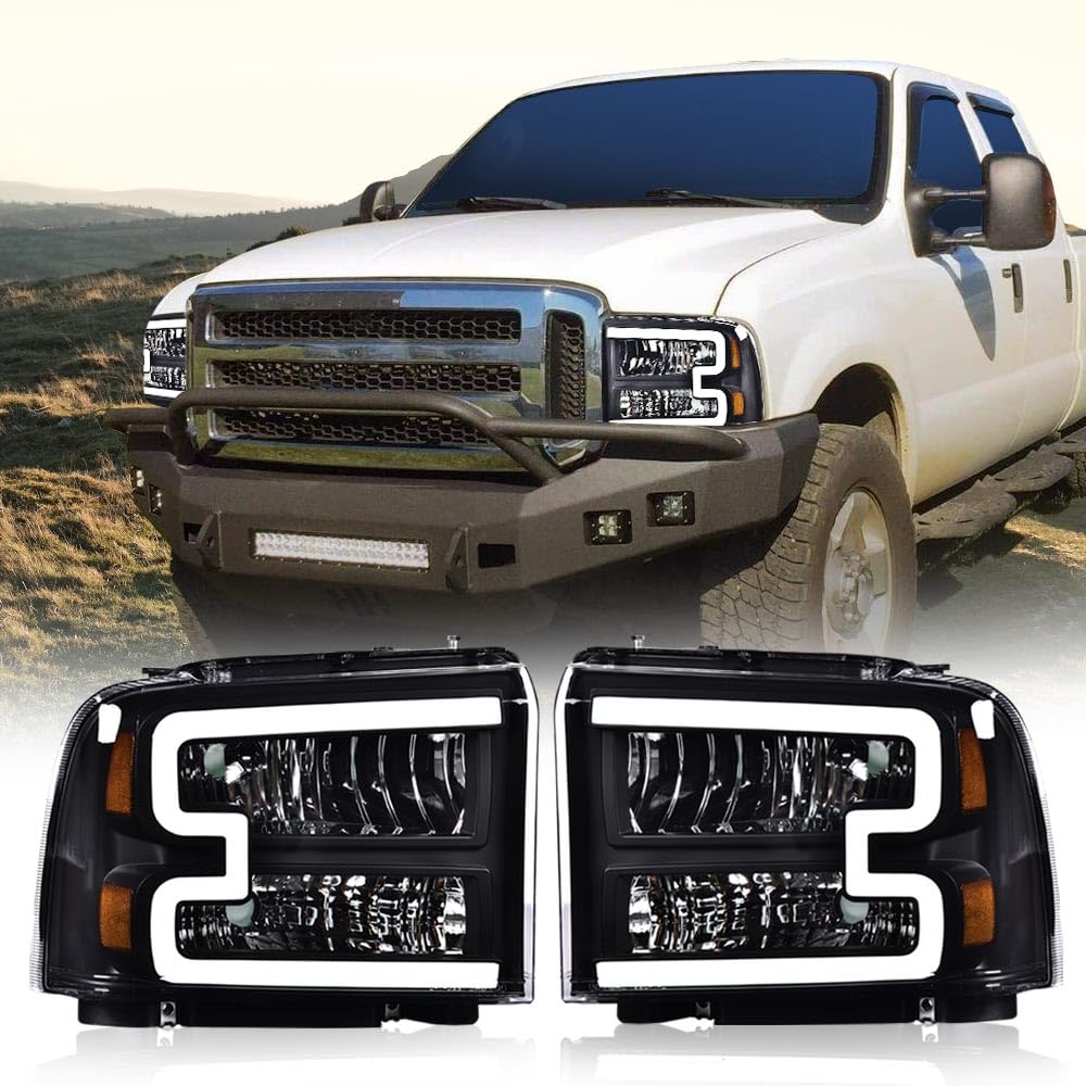 GRAND ORANGE LED DRL BAR Headlights Assembly for 2005-2007 Ford Super Duty & Excursion - Clear Lens, Amber Reflector, ABS Material