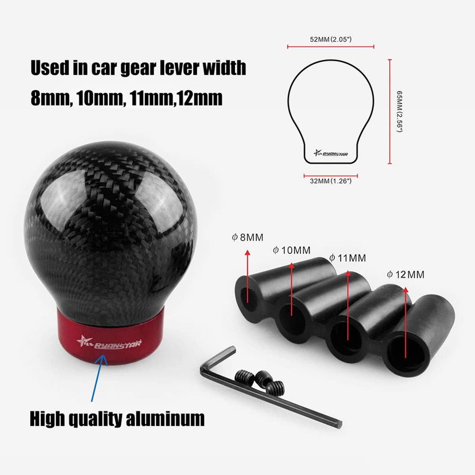 Ryanstar Carbon Fiber Shift Knob Round Ball Racing Gear Shift Shifter Knob, Head Manual Car With 8Mm/10Mm/11Mm Adapter