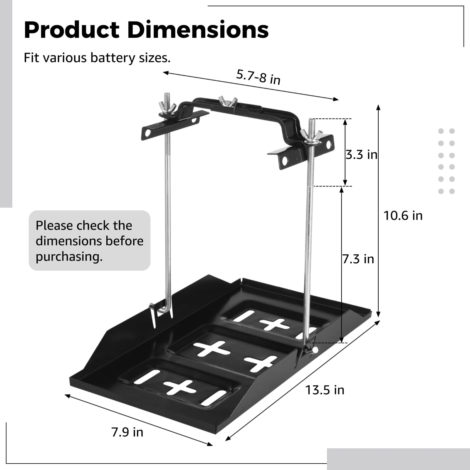 Battery Hold Down Tray Kit, Universal Battery Storage Holder, Metal Battery Tray with Adjustable Bracket Clamp, Rectangular Batt