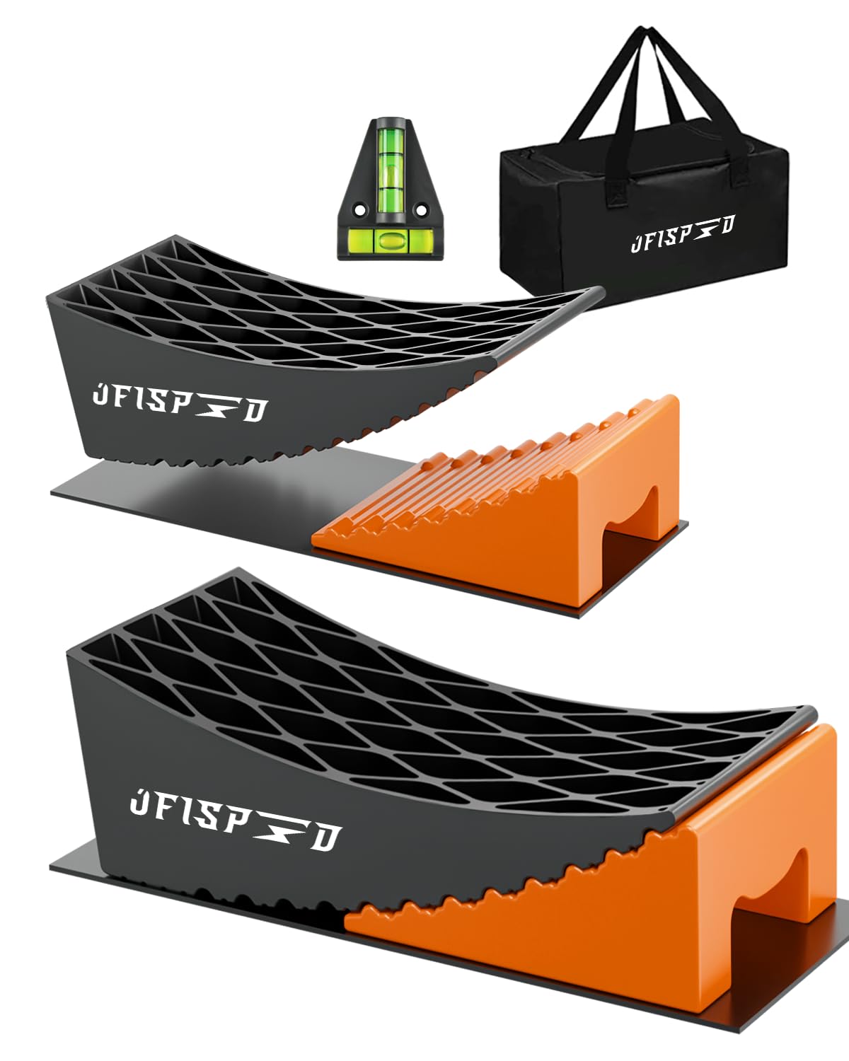 Ofispeed Rv Leveling Blocks Ramp Kit, 2 Packs Camper Leveler System For Travel With Two Chocks, 2 Anti-Slip Mats, 1T Bubble Leve