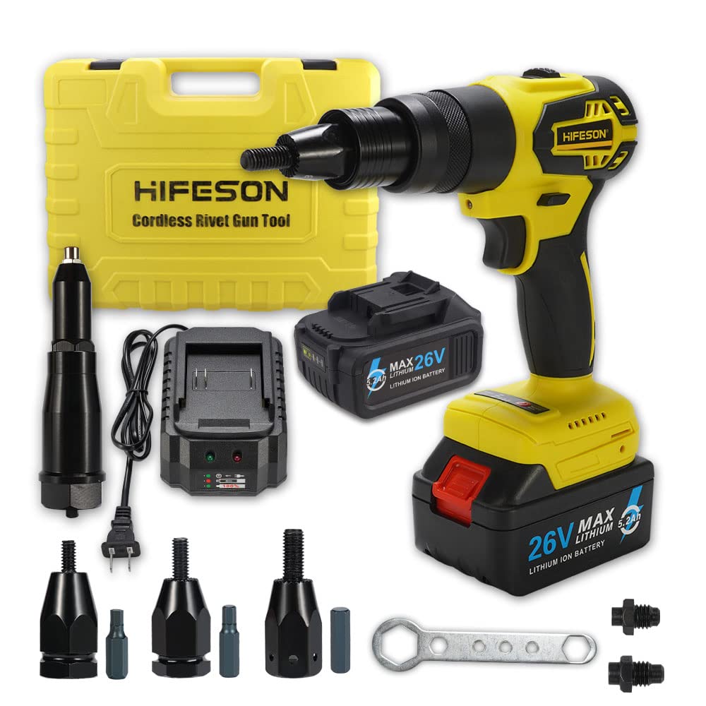HIFESON Cordless Rivet Gun Tool, 26V Electric Automatic Rivet & Rivet nut Two Functions Professional Kit with 2pcs Battery & Cha