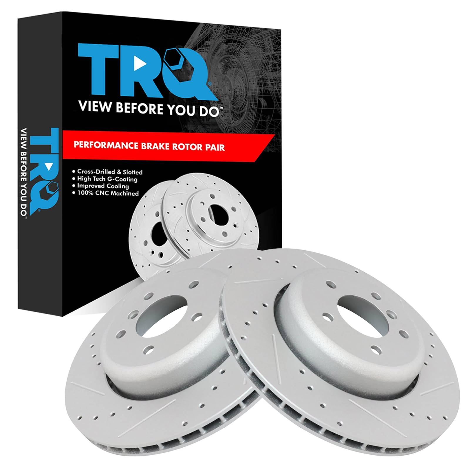 Trq Rear Performance Brake Rotors Set Vented Premium G-Coated Cross Drilled & Slotted Compatible With 2008-2010 Bmw 535I 2004-20