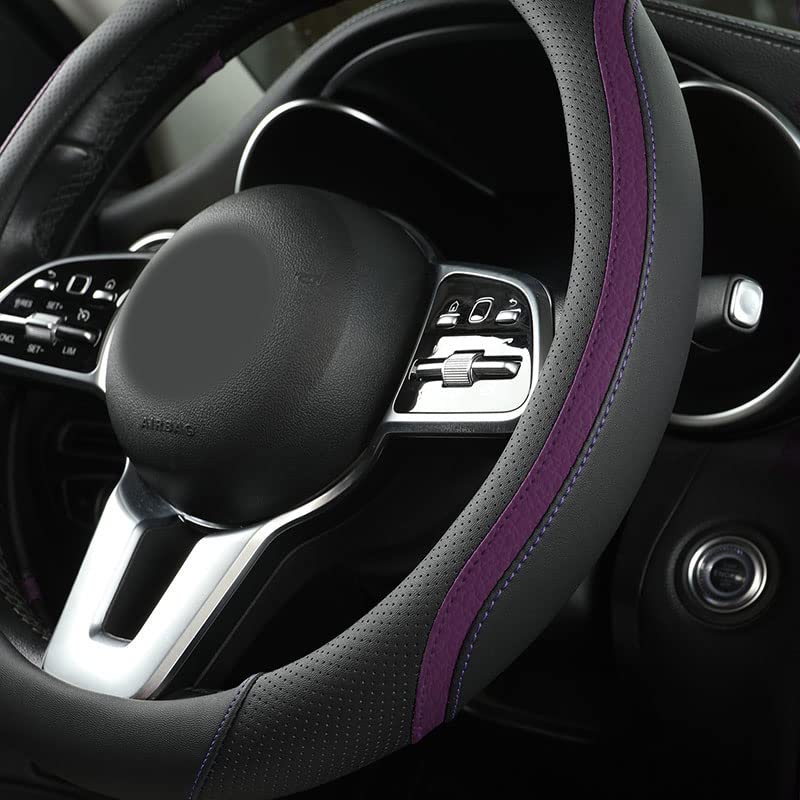 Car Steering Wheel Cover, Leather Steering Wheel Cover Purple Universal 14.5-15 Inch Microfiber Leather Anti-Slip Breathable Aut