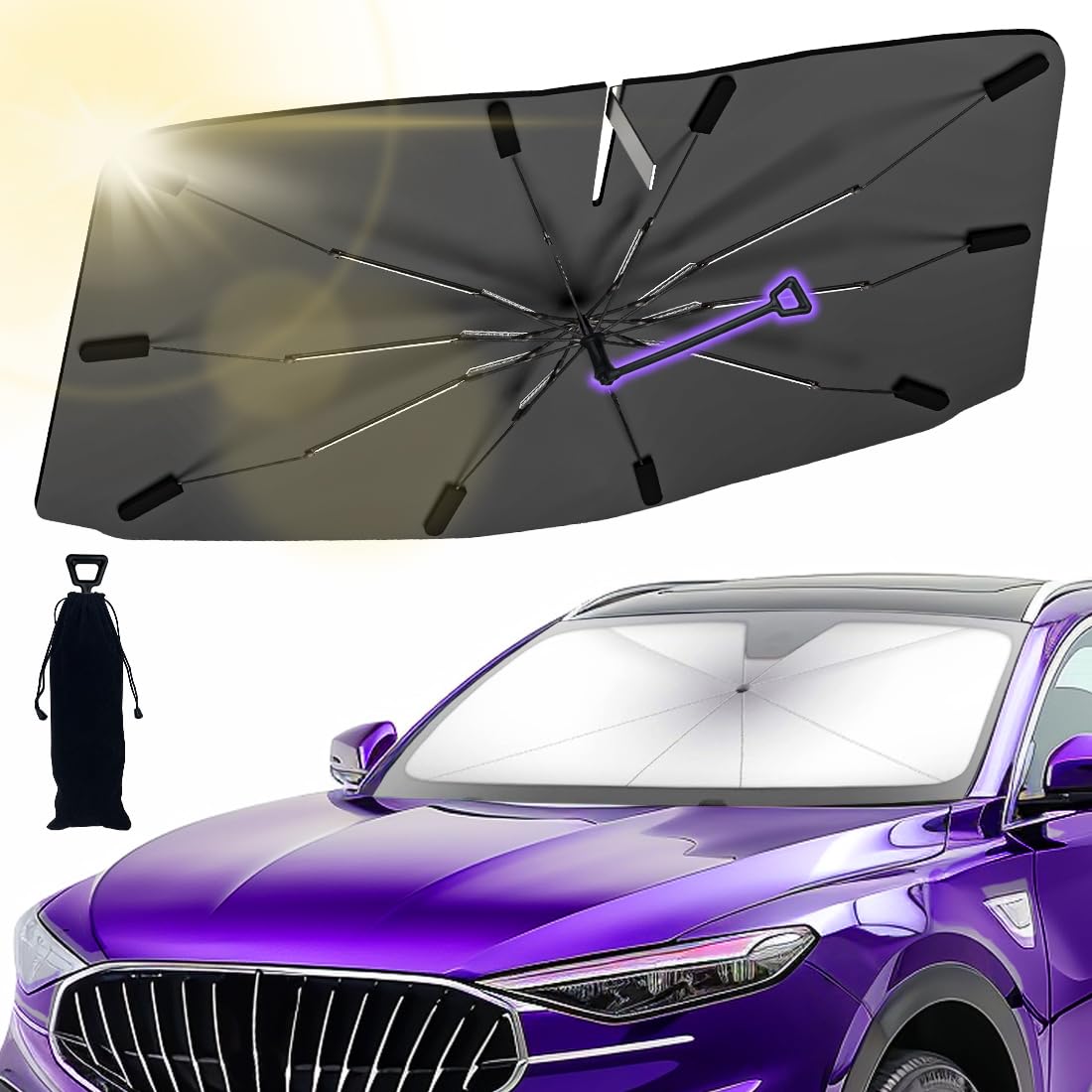 Car Windshield Sun Shade Umbrella With 360° Anti Scratch Handle, Upgraded Windshield Sunshades With Double Layer Thicken Fabric, Car Shade Front Windshield Cover For Most Vehicles