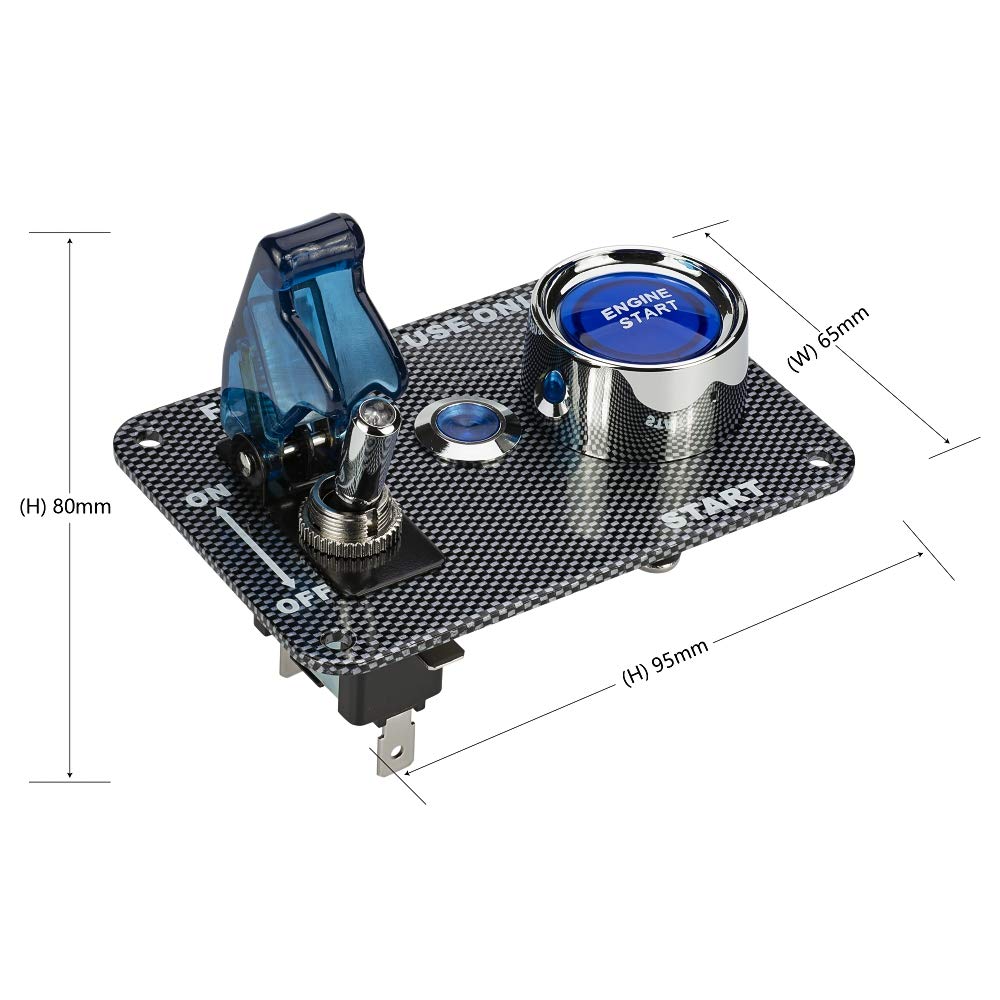 Jtron DC12V Racing Car Ignition Switch Panel Carbon Fiber Rocking Switch+Engine Start Push Button with Blue Indicator Light (Blu