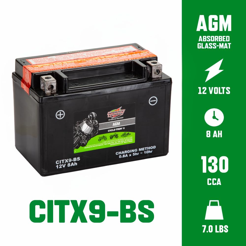 Interstate Batteries Ytx9-Bs 12V 8Ah Powersports Battery 130Cca Agm Rechargeable Replacement For Bmw, Honda, Kawasaki Motorcycle