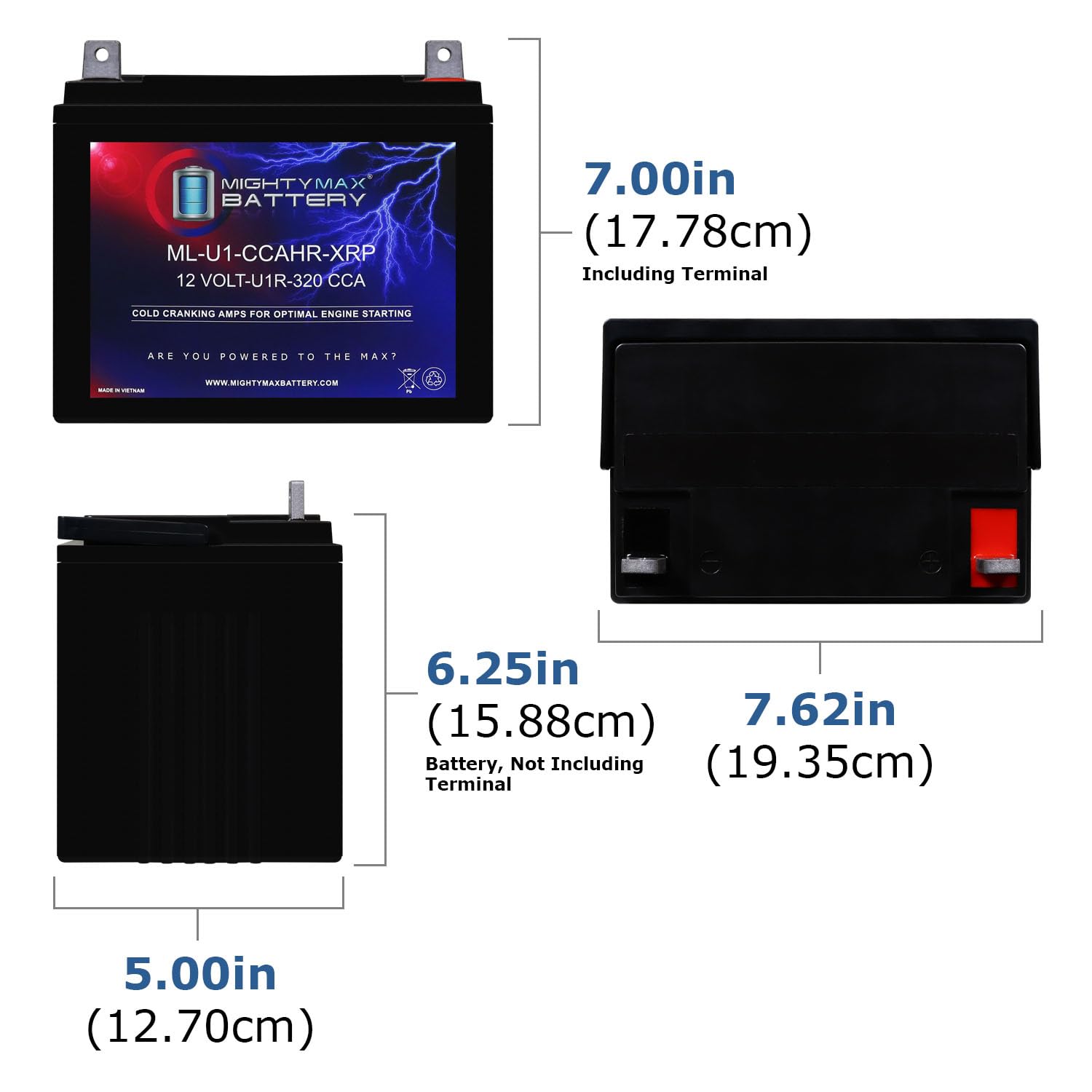 Mighty Max Battery Ml-U1R-Ccahr -12 Volt, 320 Cca, Nut And Bolt (Nb) Terminal, Rechargeable Sla Agm Battery
