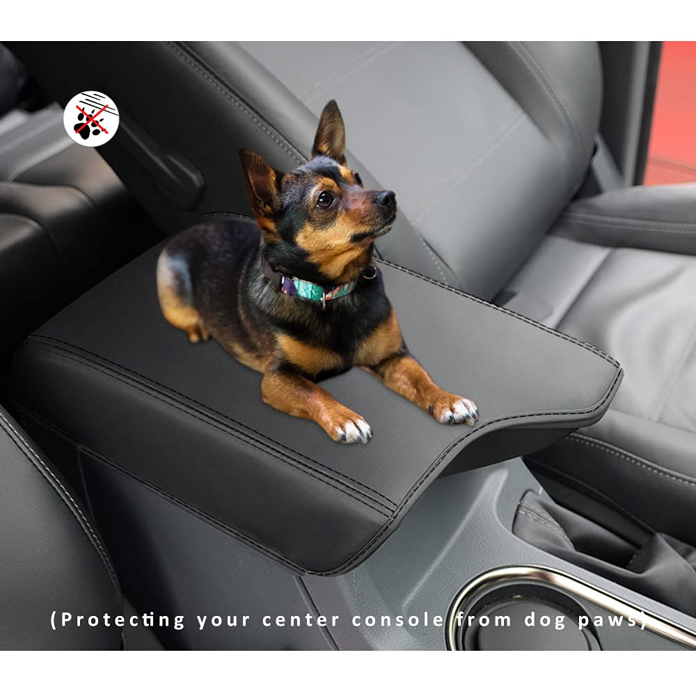 Intget Center Console Armrest Cover For Ford Ranger Accessories 2019 2020 2021 2022 2023 Interior Leather Middle Console Dog Seat Cover Arm Rest Box Lid Protector(Black Stitches)