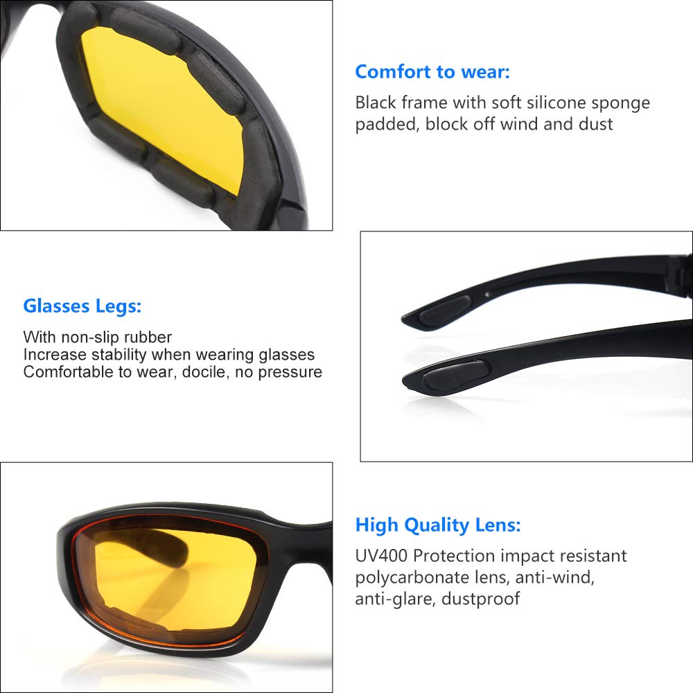 3 Pair Motorcycle Riding Glasses Padding Goggles Uv Protection Dustproof Windproofmotorcycle Sunglasses With Yellow Lens For Outdoor Sports Actives