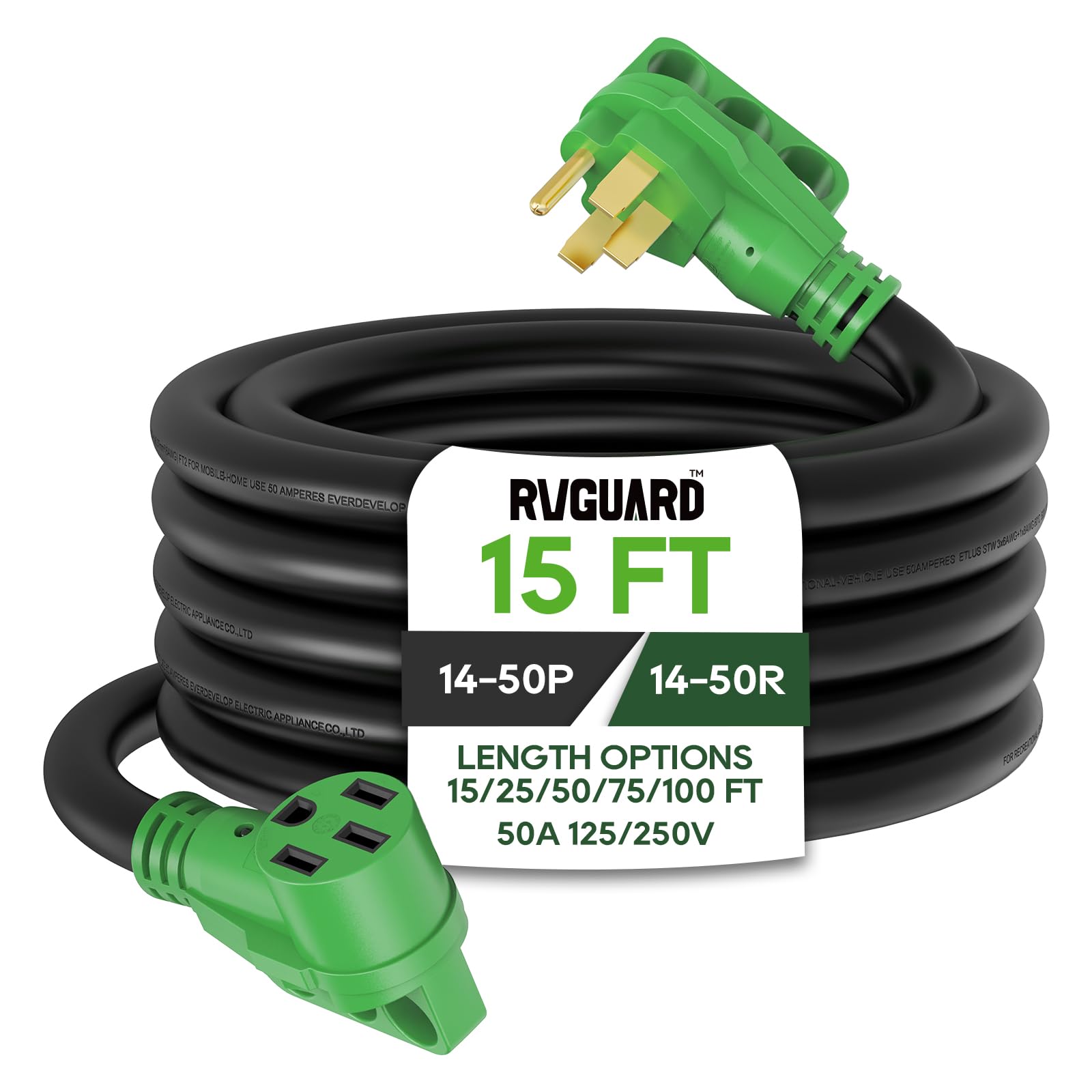 Rvguard 50 Amp 15 Foot Rv/Ev Extension Cord, Nema 14-50P/R Heavy Duty Extension Cord With Led Power Indicator And Cord Organizer