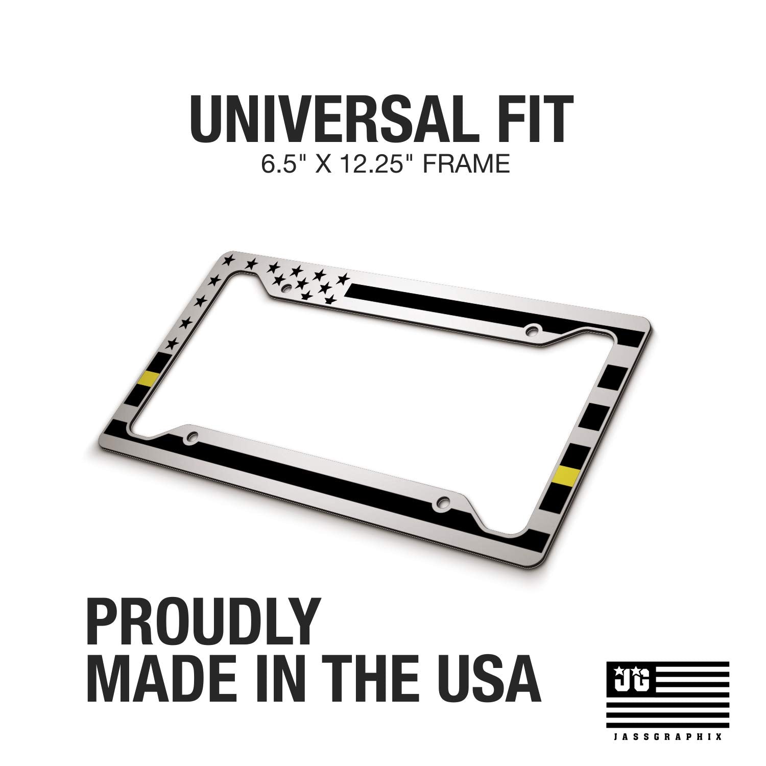 JASS GRAPHIX American Flag License Plate Frame - Yellow Aluminum, White Frame for Security & Tow Truck Drivers