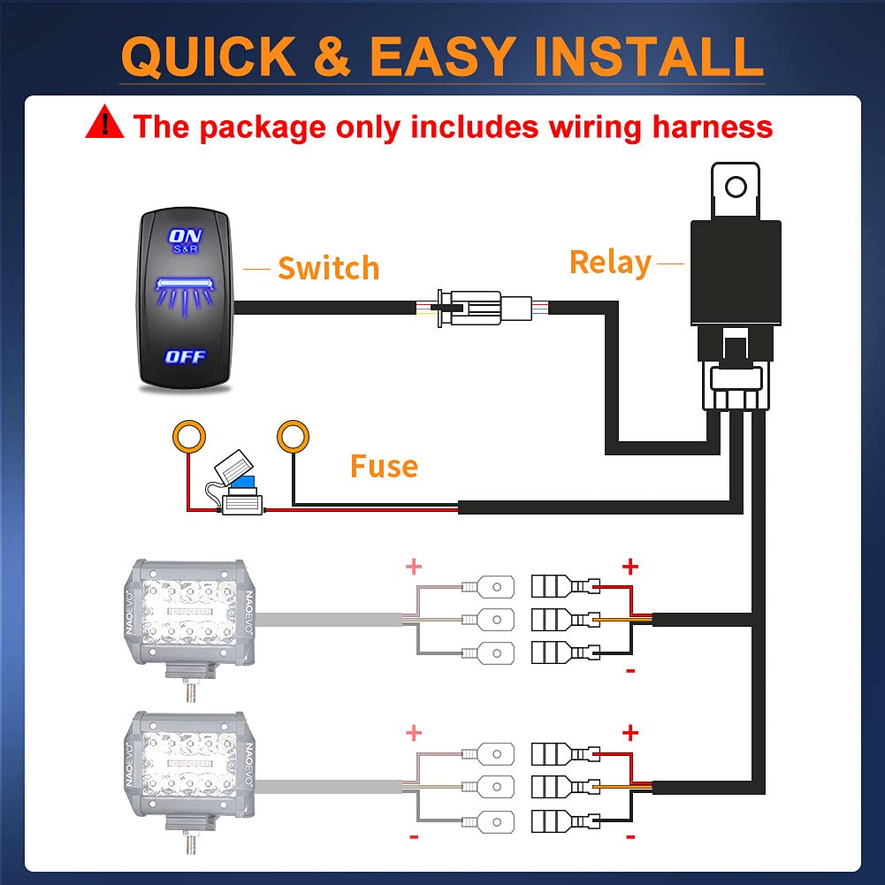 Naoevo 16Awg 160W Wiring Harness, Customized For Naoevo 6 Modes Light Bar, 8 Pin 12V 40A Relay On-Off Rocker Switch For Change Modes-2 Leads 12Ft