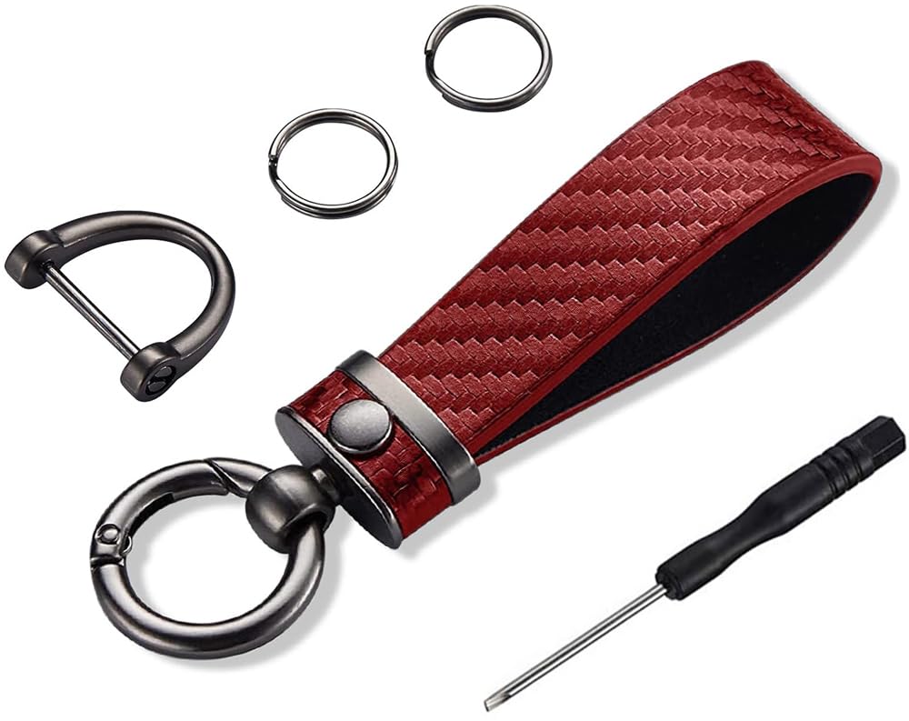 Carbon Fiber Style Car Keychain, Universal Key Chains Microfiber Leather For Men And Women, Rotatable With Anti-Lost D-Ring (Red)