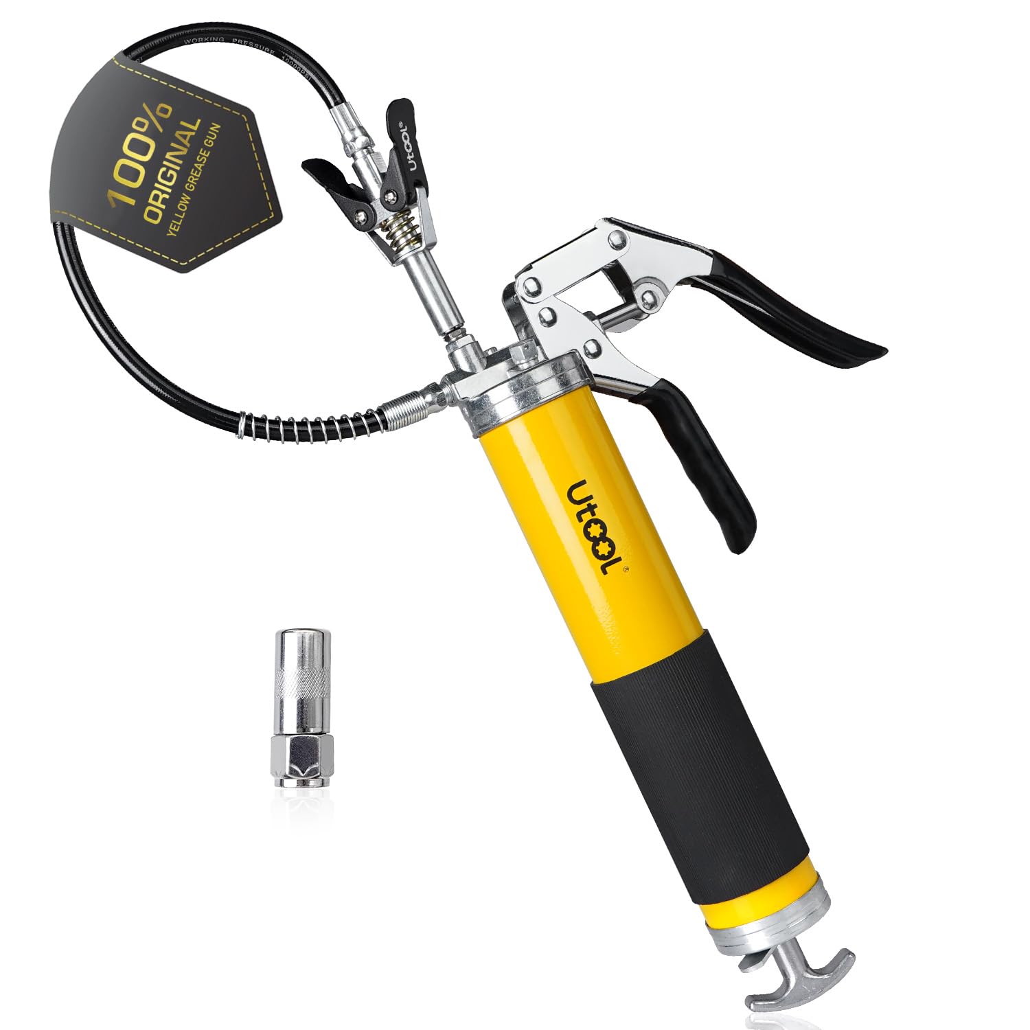 Utool Grease Gun, 8000 Psi Heavy Duty Pistol Grip Grease Gun Kit With 14 Oz Capacity, 18 Inch Resin Flex Hose, 1 Patented Double Handle Coupler, 1 Basic Coupler