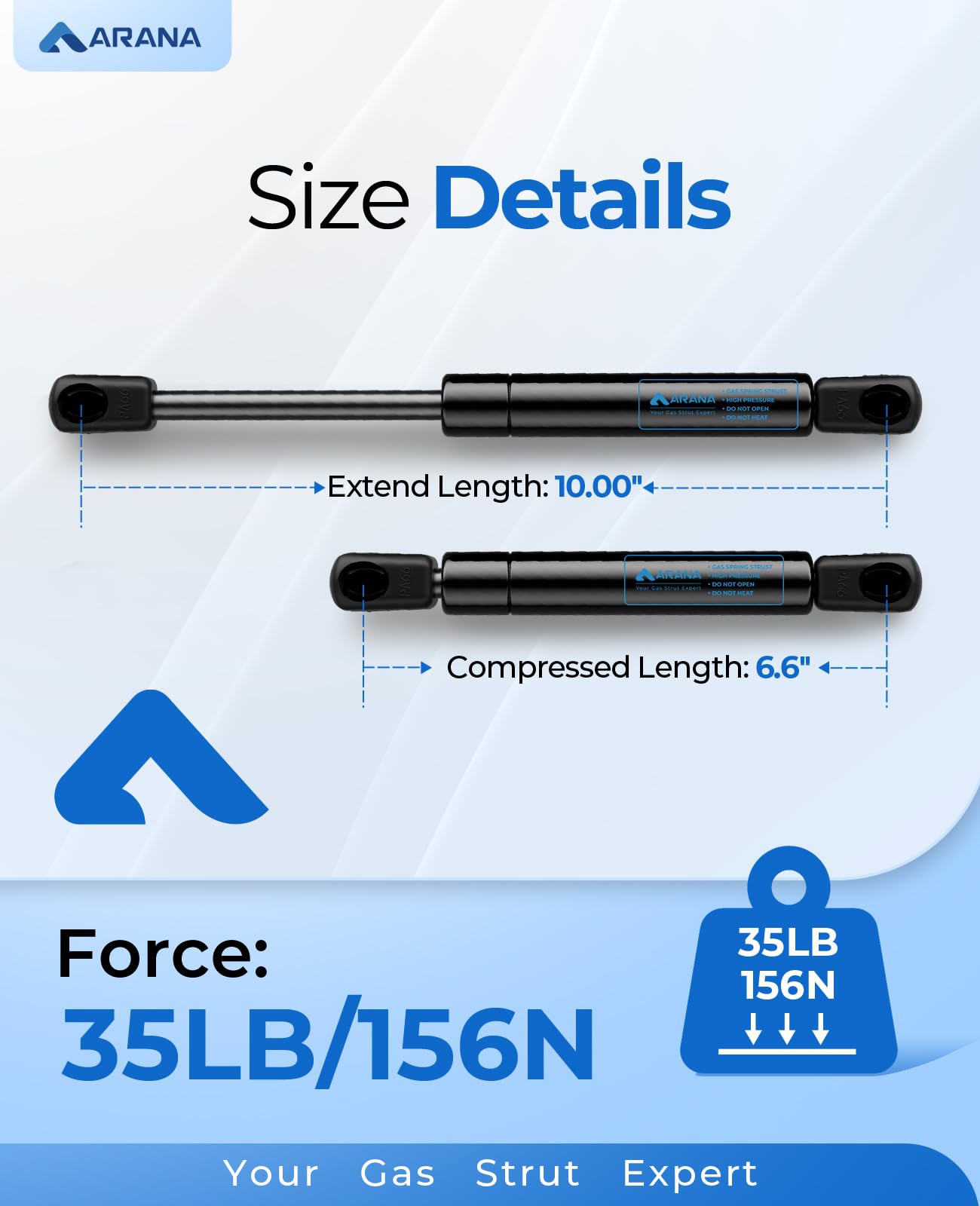 Arana 10 Inch Gas Struts Shocks Spring 35 Lb/156 N 10' Lift Support Props 4058 For Truck Tool Box Lids Weatherguard Toolbox Boat Storage Lid Cabinet Door Replacement Parts, 2 Pcs