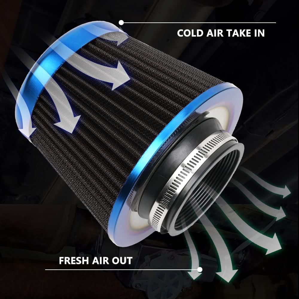 Cold Air Intake Filter, High Performance, Washable Filter, Clamp-On Replacement Air Filter, Flange Diameter 3Inch/76Mm Black