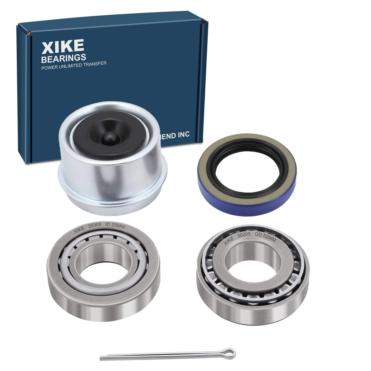 XiKe 1 Set Fits 25mm Axles Trailer Wheel Hub Kit, Include 30205 Bearings, 473551 Seal and OD 52mm Dust Cover and Cotter Pin.