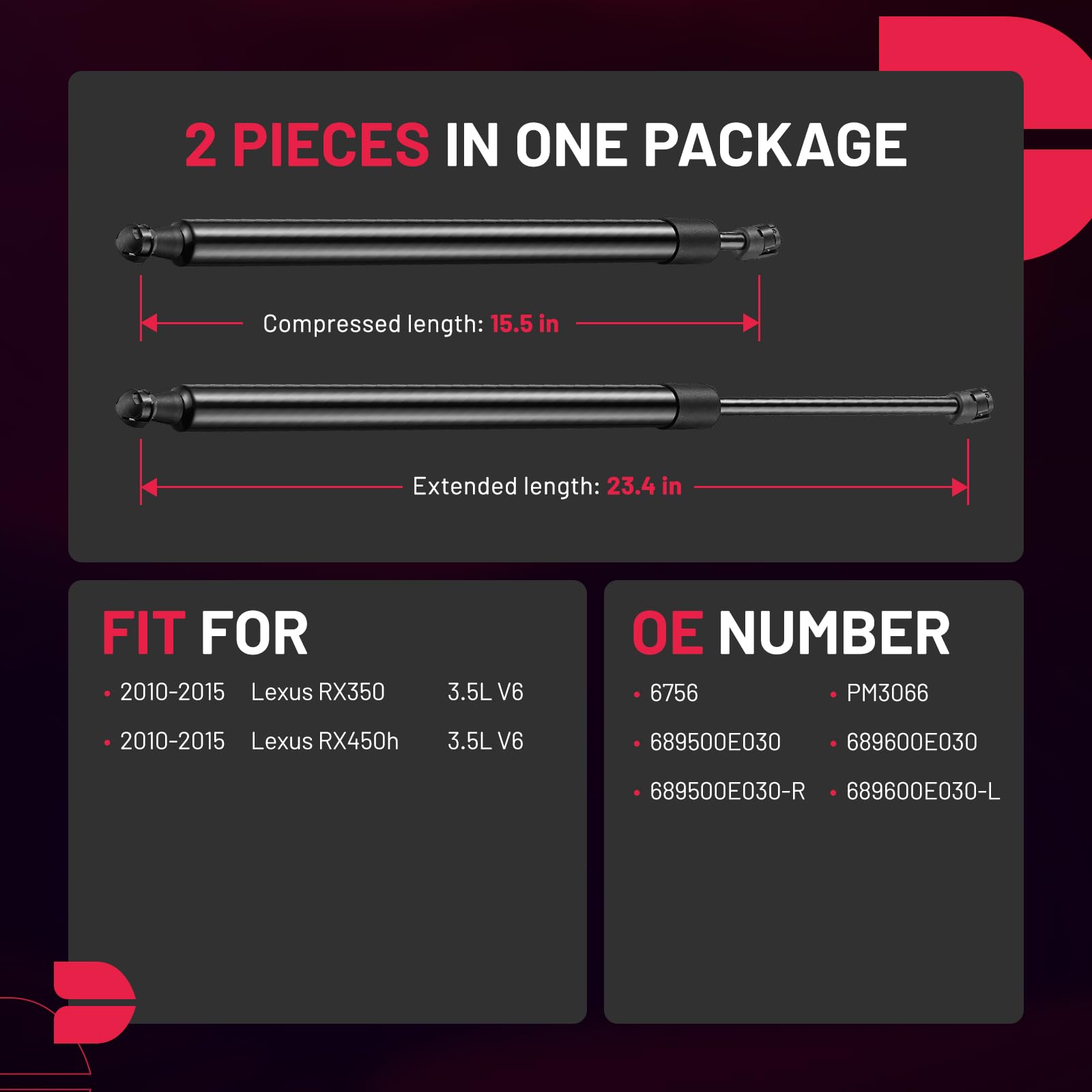 BDFHYK 2 Pcs Rear Hatch Liftgate Gas Struts Compatible with Lexus RX350/RX450h 2010-2015, Black Lift Supports PM3066 689500E