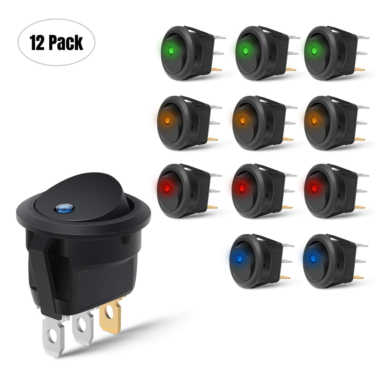 Nilight 90013L 12Pcs Round Toggle Led Switch 12V Car Truck Rocker On-Off Control Blue Green Yellow Red,2 Years Warranty