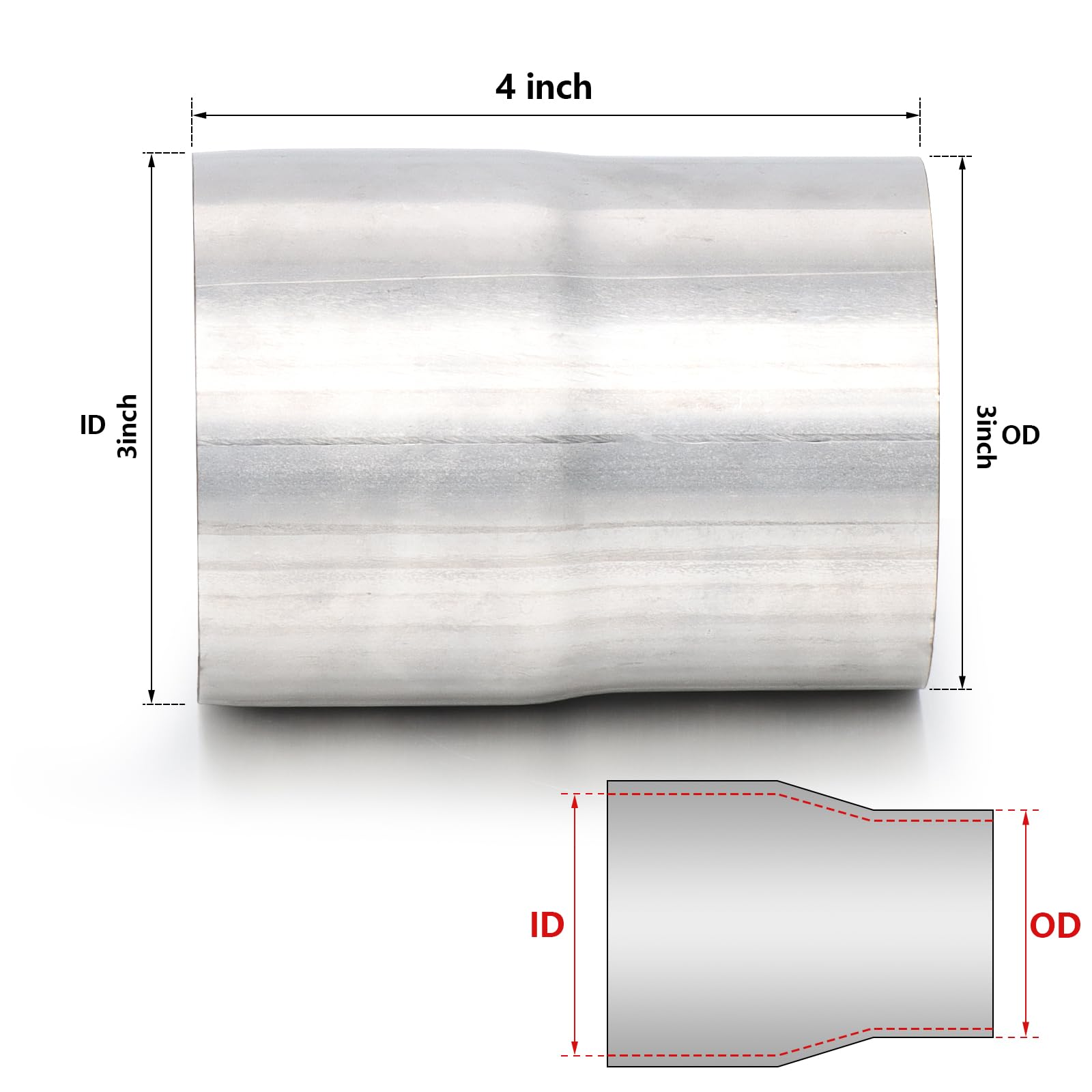 A-Karck Exhaust Adapter Connector 3'' Id To 3'' Od, Exhaust Pipe Reducer 4'' Overall Length 304 Stainless Steel