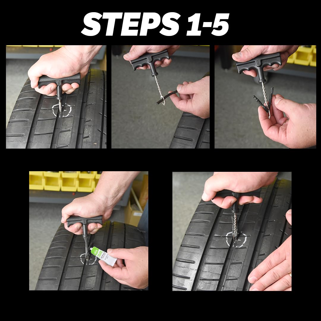 Slime 1034-A Tire Repair Reamer Plug Kit, Medium Heavy Duty Strings, T Handle Type And Plug Bond, 8 Piece Set